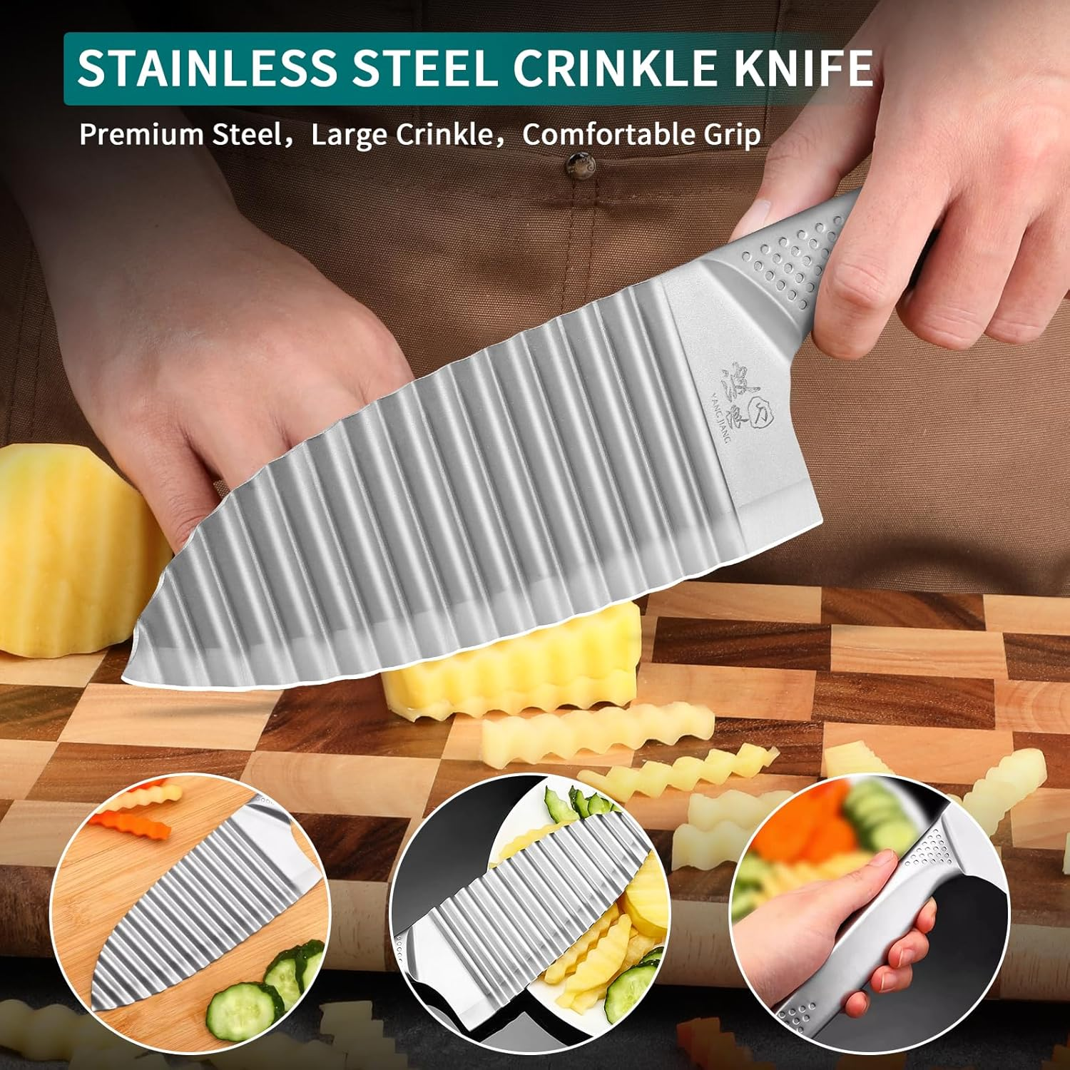 Crinkle Cutter for Veggies Wavy Knife: French Fries Potato Slicer and Peeler Stainless Steel Blade Pickle Chopper for Kitchen image number 5