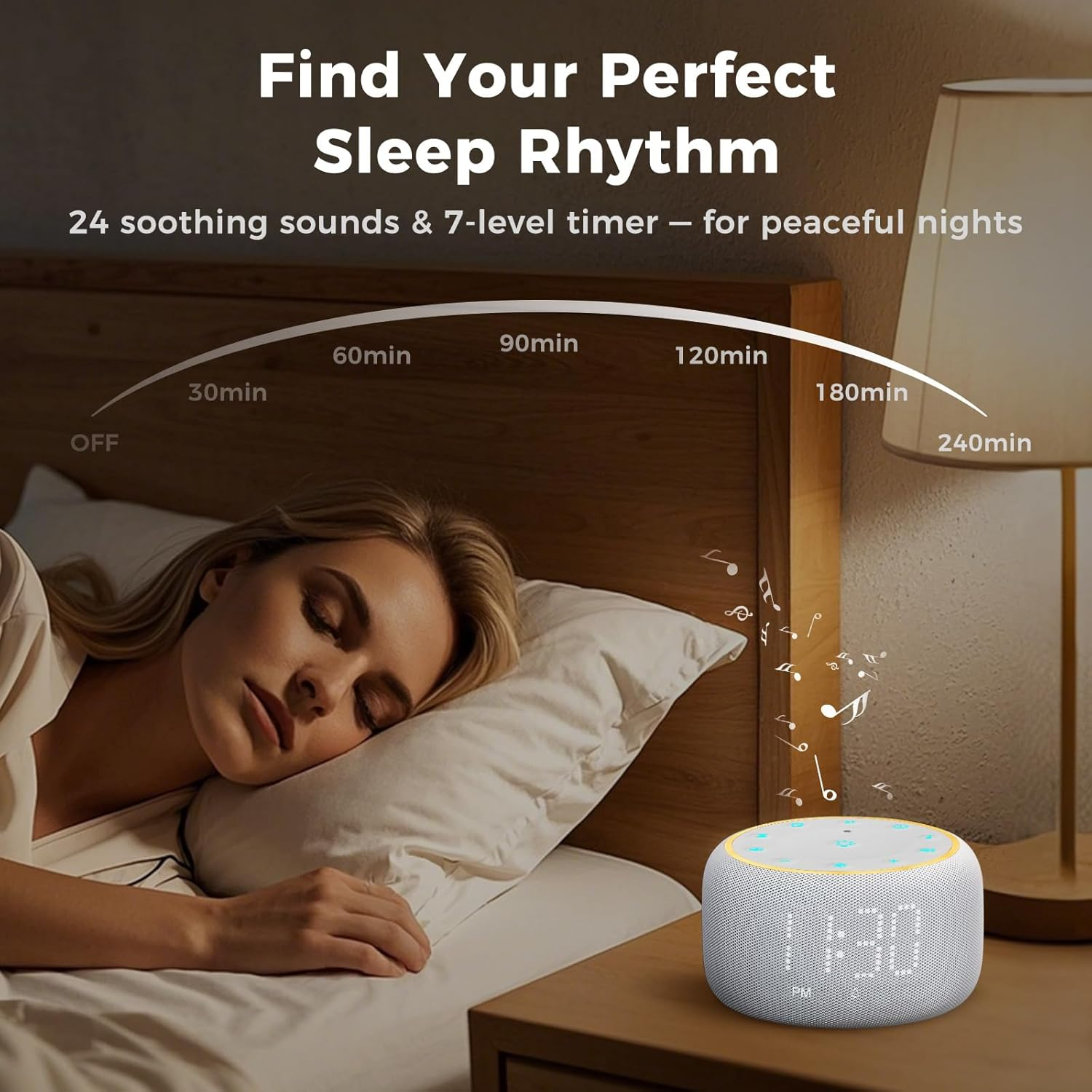 White Noise Machine Alarm Clock: Auto-Dimmable Clock for Bedrooms - 5W Stereo Bluetooth Speaker - Sound Machine with 24 Sleep Sounds for Adults Kids White - Pink image number 2