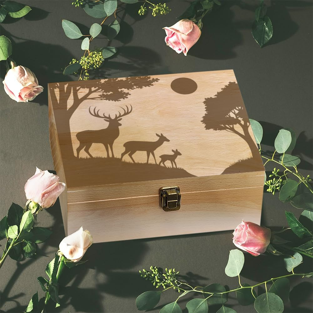 Arricraft Wooden Memory Box a Family of Three Deers in the Forest with the Sun Storage Decoration Wooden Box for Photos Dvds Letters Capacity 24.5 X 19.5 X 10.3 Cm