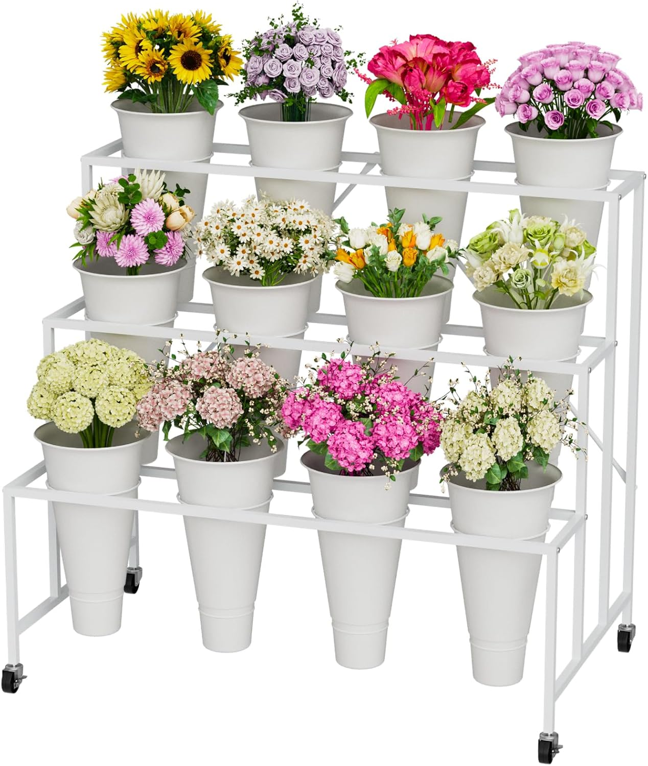 Flower Stand, 3-Tier Display Stand with Buckets for Indoor Outdoor, Flower Cart Display Stand with Wheels for Courtyard, Balcony, Shop, Wedding, Party, Exhibition, White