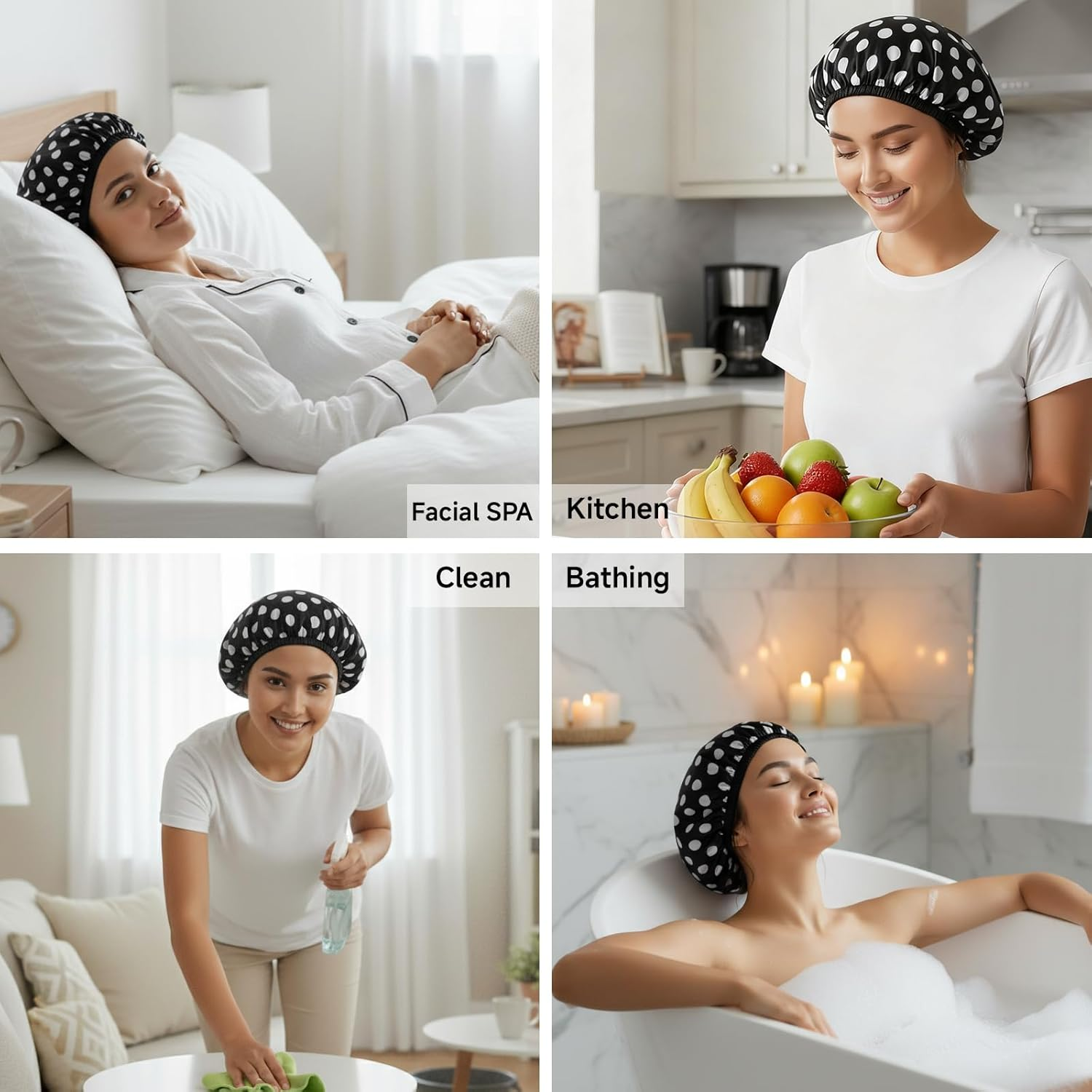 AIAOO Waterproof Large Shower Caps for Women, 2 PCS Reusable Bath Caps with 2 Hair Ties, Double Layers Shower Cap for Long Thick Hair, Fit Bath Cooking Cleaning Spa Skincare