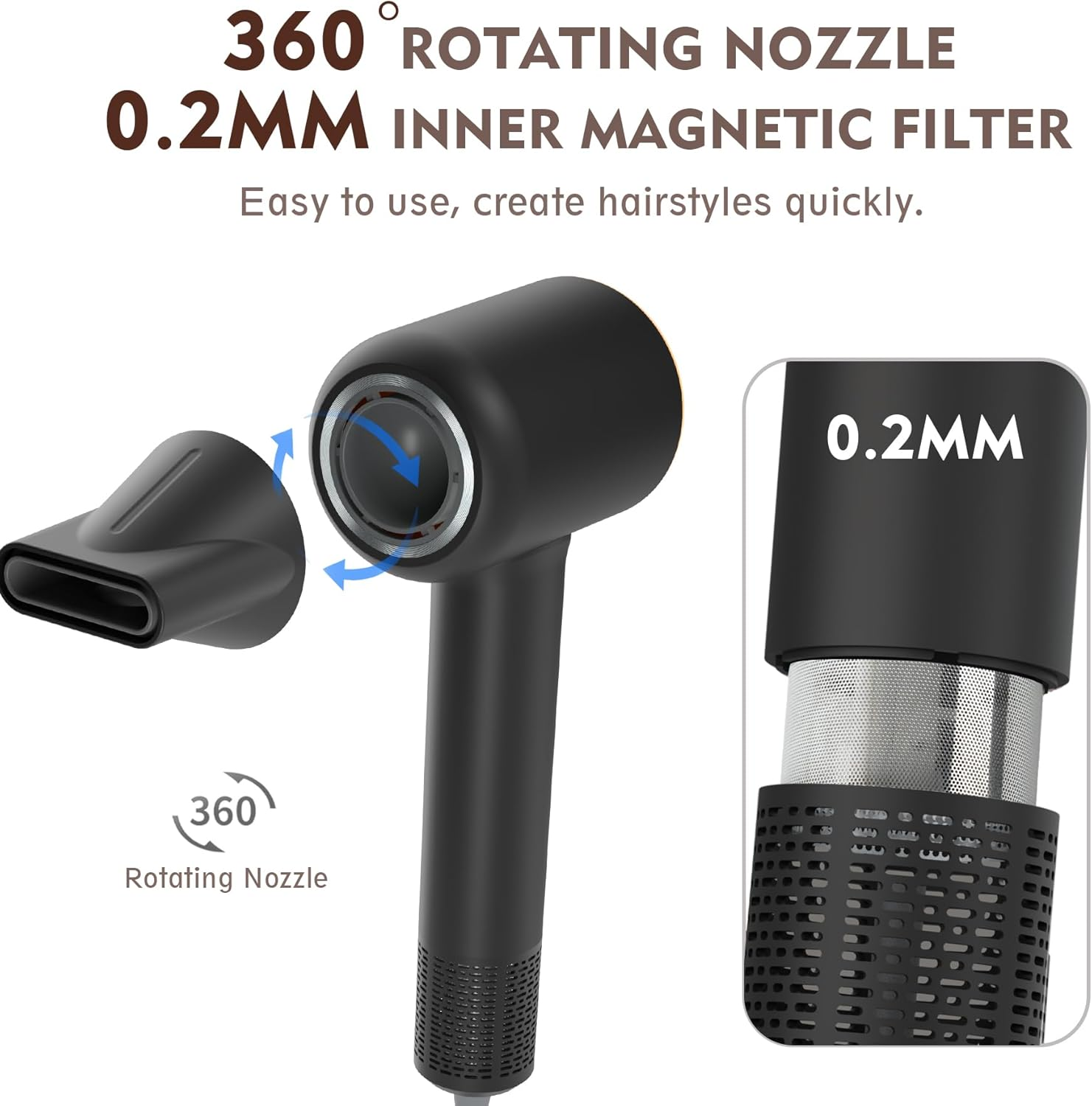We Make Hope Professional Hair Dryer, 110000 RPM High-Speed Brushless Motor, Negative-Ion, Low Noise, Thermo-Control, Magnetic Nozzle, Lightweight Black Blow Dryer for Home Gym Salon Pets Travel image number 2