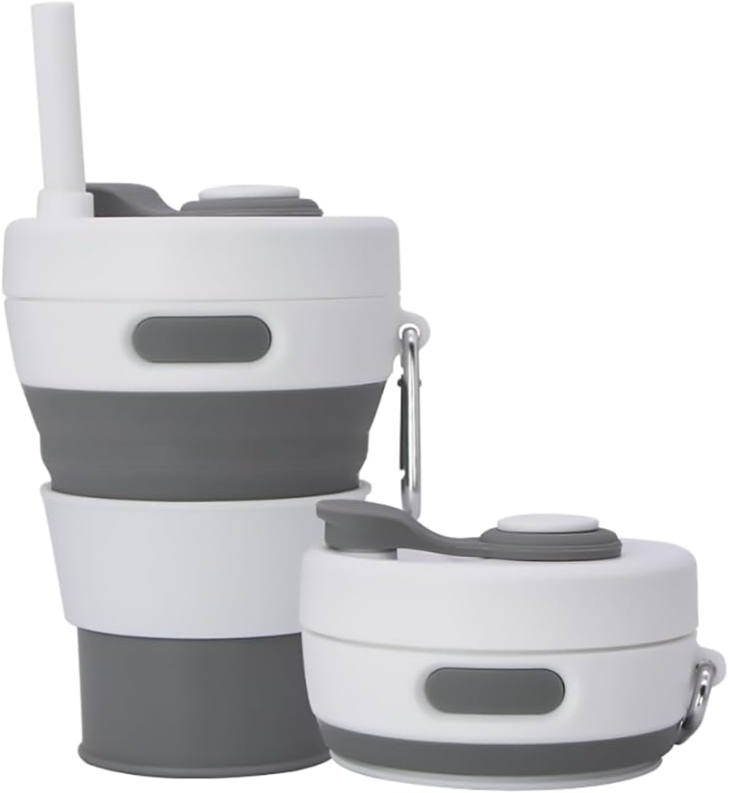 UNNESTAR Collapsible Camping Cup with Straw Silicone Folding Coffee Cup Sport Bottle Portable Travel Outdoor Car 16Oz 20Oz (Black-600Ml)