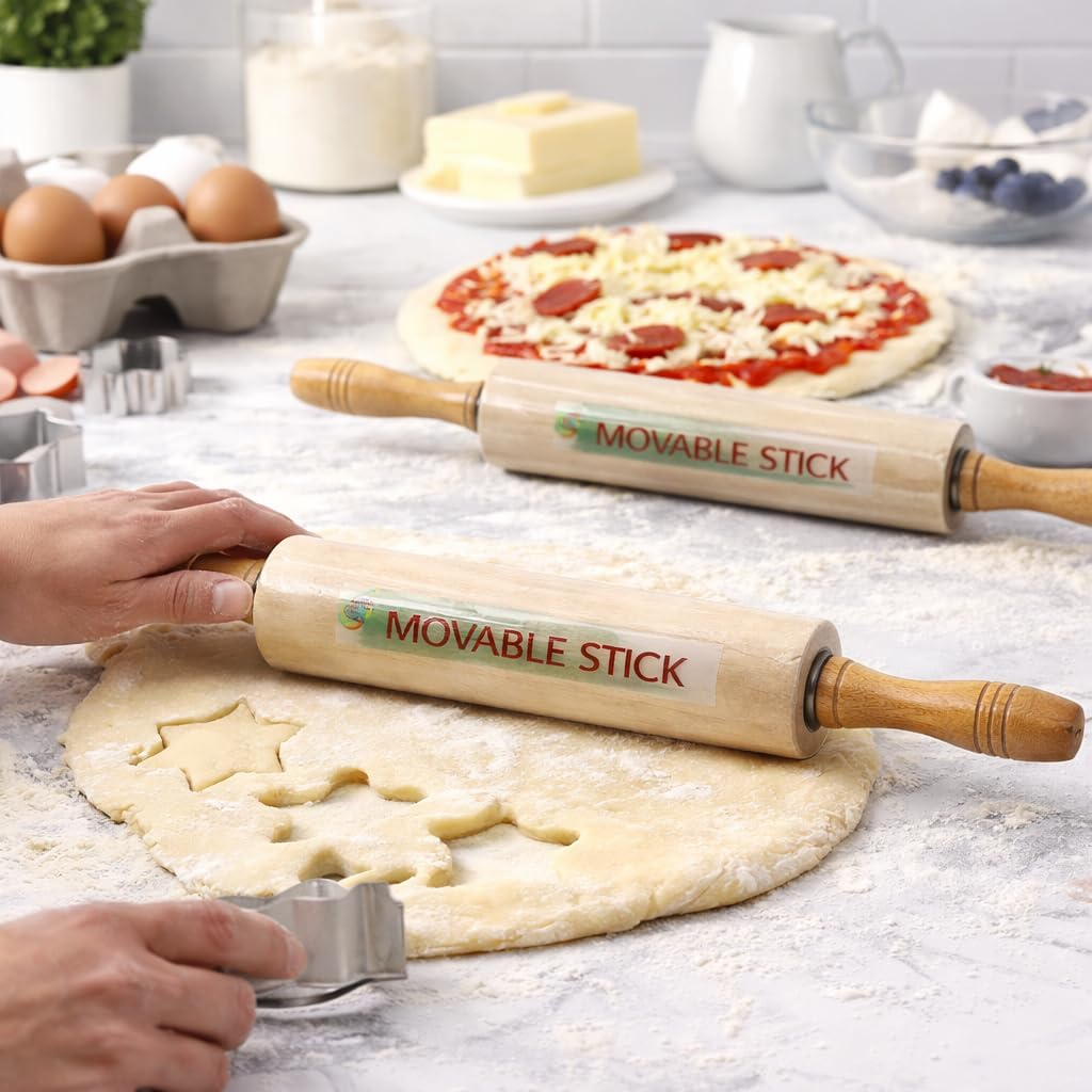 Leona Co 42Cm Wooden Rolling Pin with Movable Handles, 4Cm Thick Solid Wood Rolling Pin for Baking, Pastry, Pizza Dough & Fondant, Traditional Baking Tool for Cookies, Pies, Bread (1)