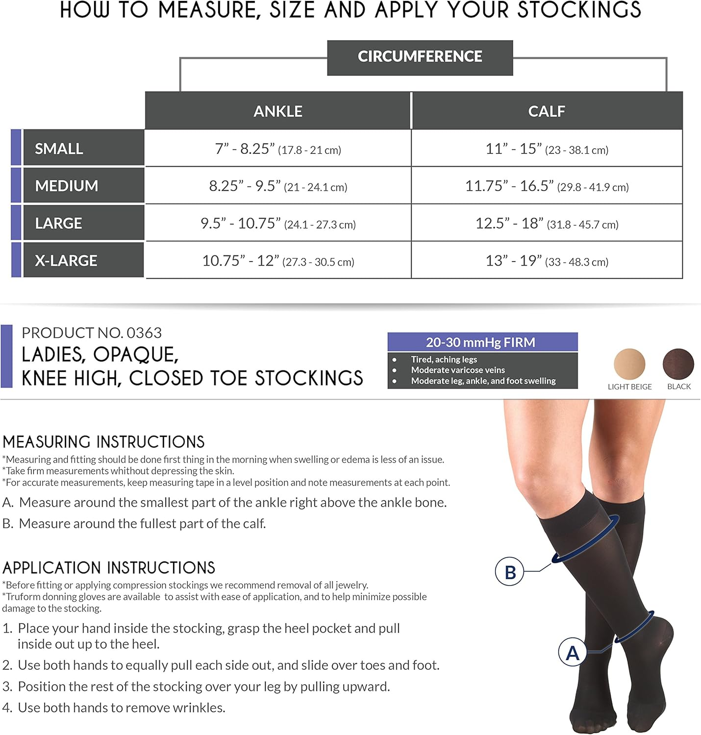 Truform Women'S Compression Stockings, 20-30 Mmhg, Knee High Length, Closed Toe, Opaque, Black, Medium image number 6
