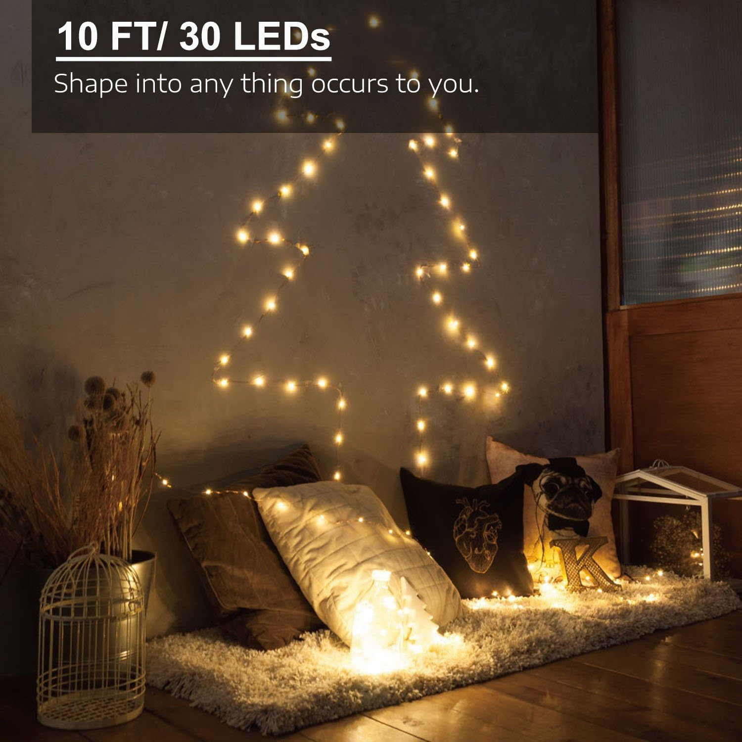 3 Pack Rechargeable 10Ft 30 LED String Fairy Lights 4 Modes Copper Wire Starry String Lighting Waterproof Micro Firefly Moon Light Warm White Battery and USB Cable Included image number 4