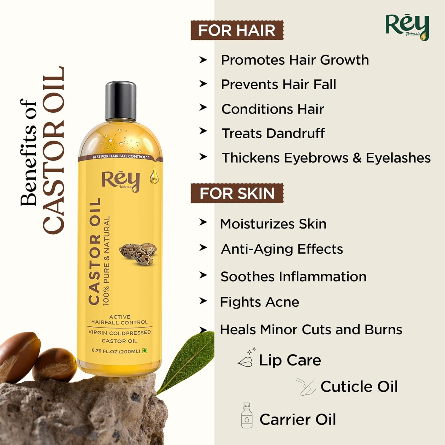 Rey Naturals&reg; Cold-Pressed, 100% Pure Castor Oil & Coconut Oil Combo - Moisturizing & Healing, for Skin, Hair Care, Eyelashes (200 Ml + 200 Ml) image number 3