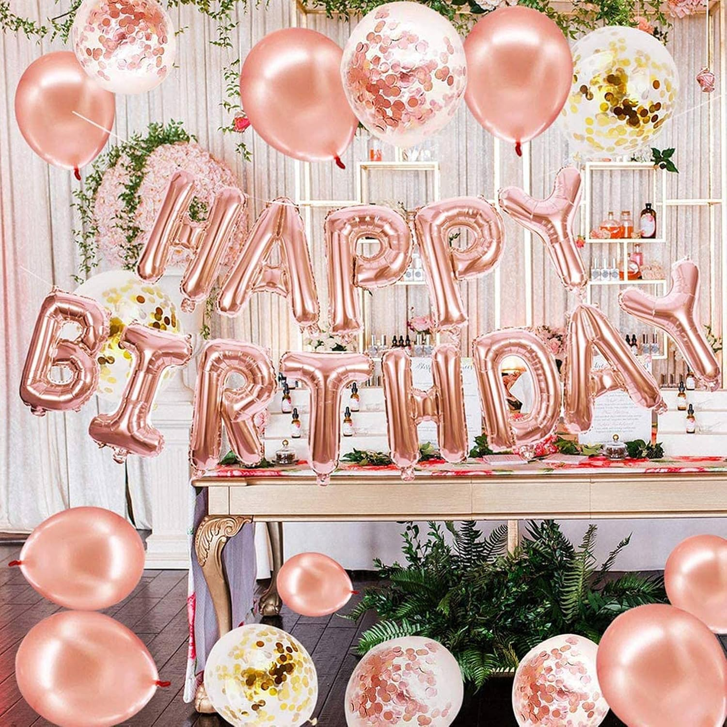 DAWNTREES Birthday Balloons for Girls, Birthday Decorations, Happy Birthday Party Banners, Rose Gold Tassel Curtains, Aluminum Foil Tablecloths, Heart-Shaped Star Foil Confetti Balloons.(Pink) image number 3