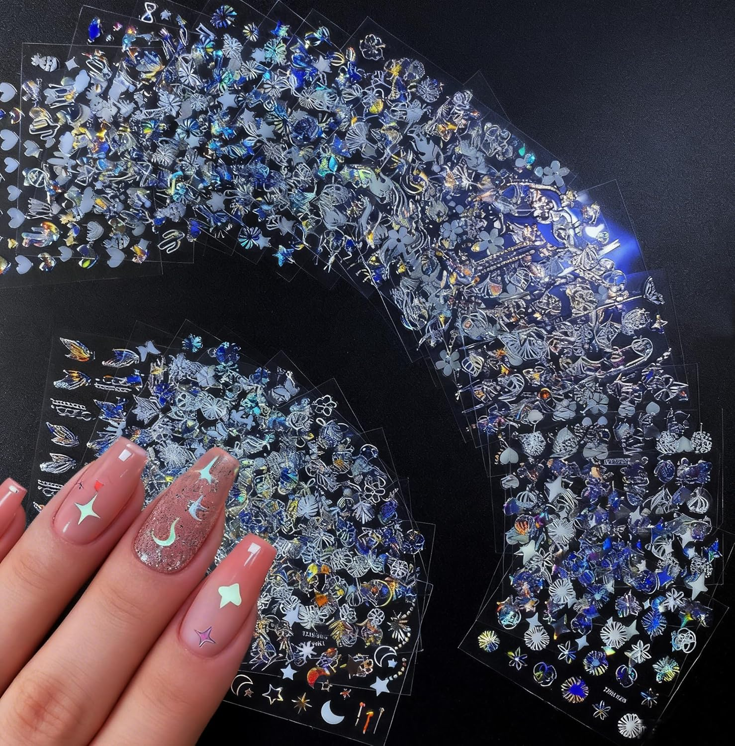 30 Sheets Namrec Aurora 3D Nail Art Stickers - Self-Adhesive Star Moon Flower Decals for DIY Acrylic Nails, Safe for Pregnant Women & Kids (Aurora)