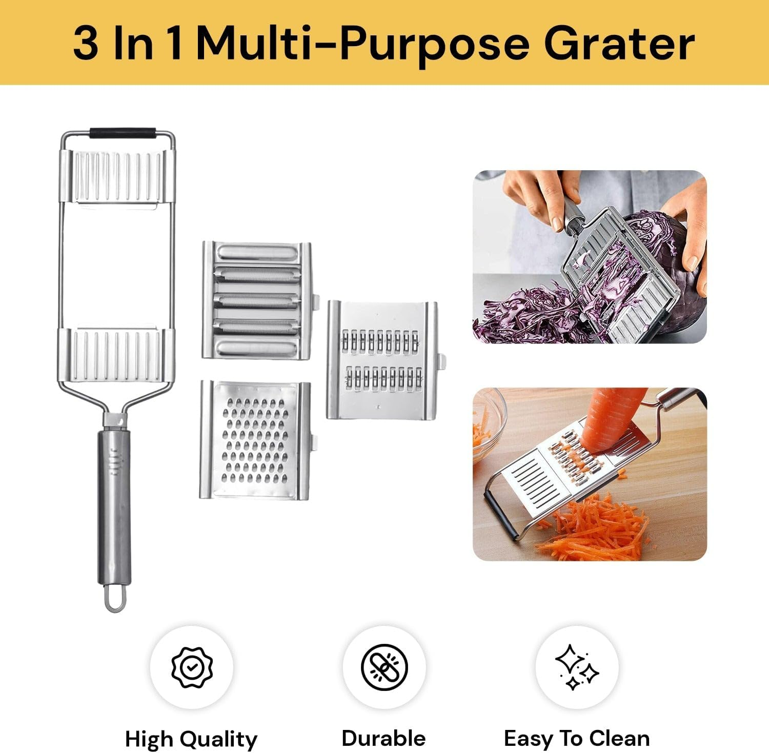 EZONEDEAL 3 in 1 Vegetable Chopper Set, Multipurpose Vegetable Slicer Cheese Grater Cutter, Handheld Graters for Kitchen, Stainless Steel Kitchen Tools for Potato Onion & Carrot Shredder Tool image number 6