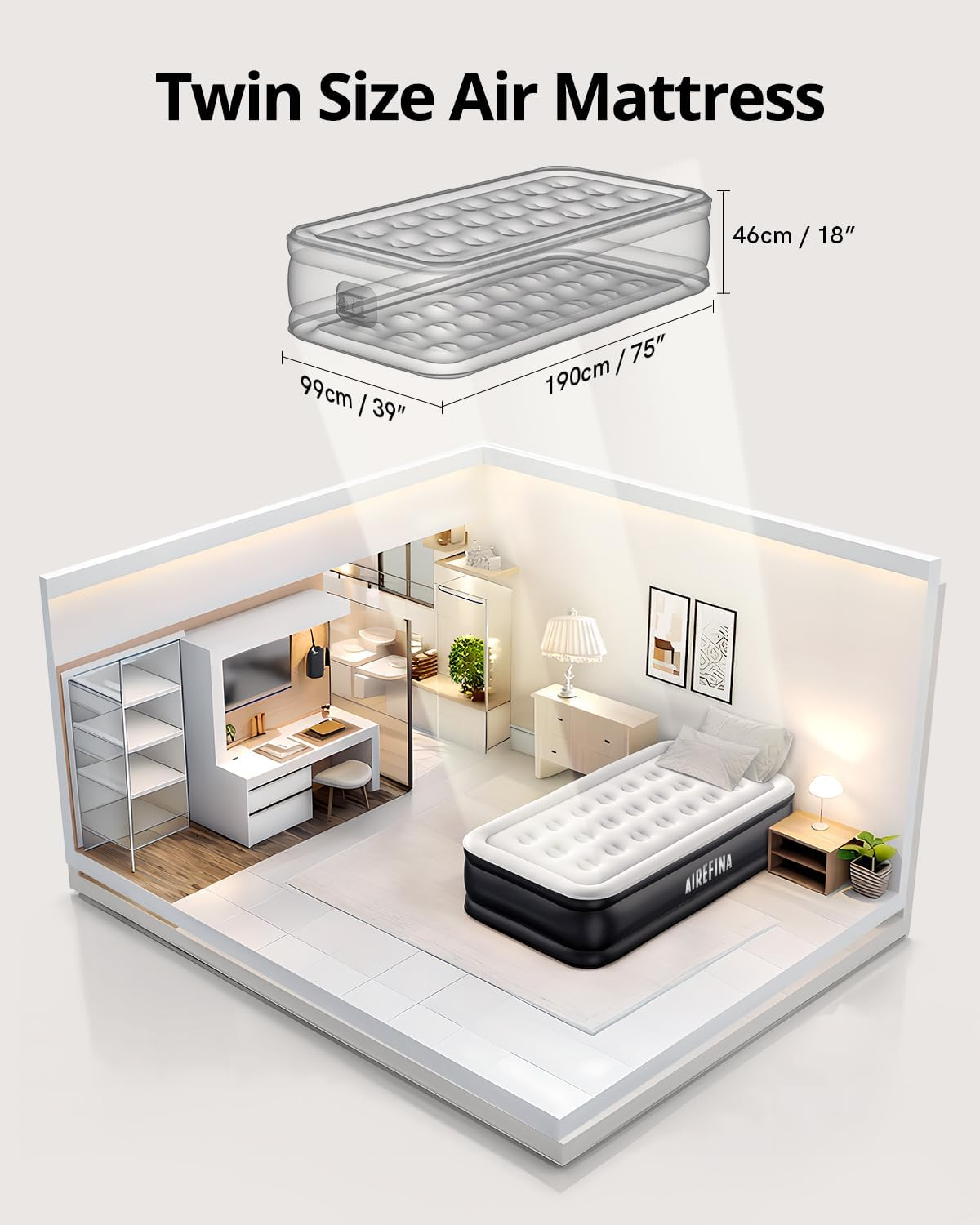 Airefina Single Size Air Mattress, 18 Raised Air Bed in 3 Mins Self Inflation, Air Mattress with Built in Electric Pump, Portable Foldable Inflatable Bed with Carrying Bag for Home & Guest image number 4