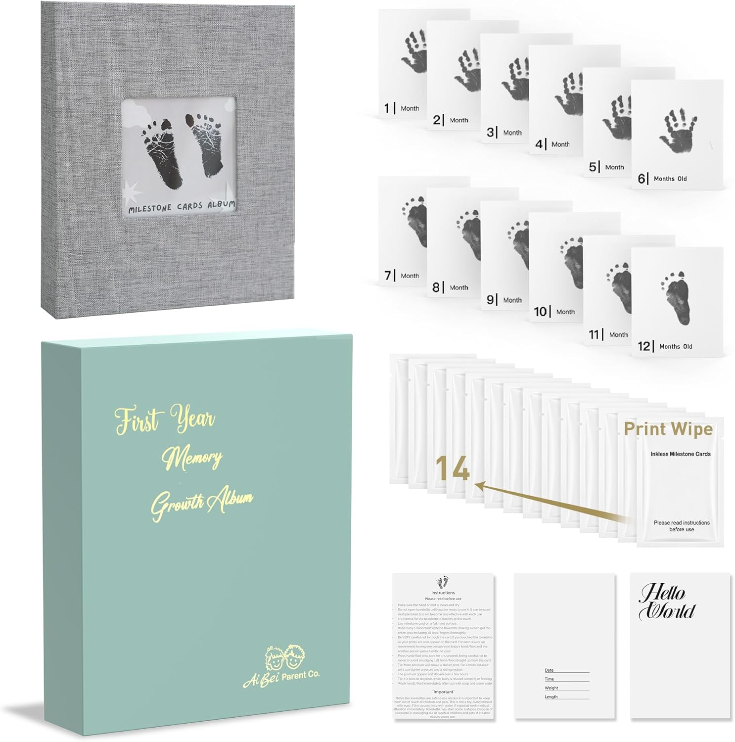 15 PCS Baby Inkless Milestone Cards Hand Casting Kit, 12 Months Baby Gift Ink Print Hand and Footprint Kit, My First Cards Feet Book Print Kit, Baby Newborn Footprint Kit Baby Photo Album Keepsake Book Feet Stamp Postpartum Gifts Ink Impression (Green Gift Box with Album) image number 4