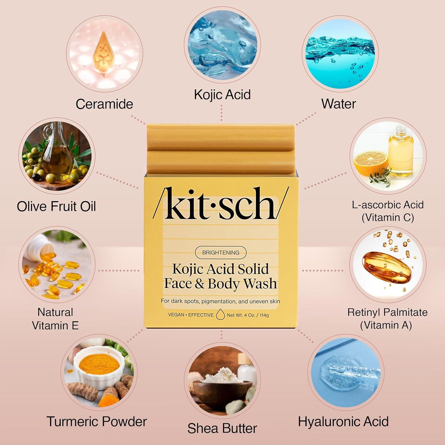 Kitsch Kojic Acid Soap for Hyperpigmentation - Brightening & Hydrating Kojic with Turmeric Soap Bar - Reduces Dark Spots, Evens Skin Tone, with Hyaluronic Acid & Shea Butter, Paraben & Sulfate-Free image number 5