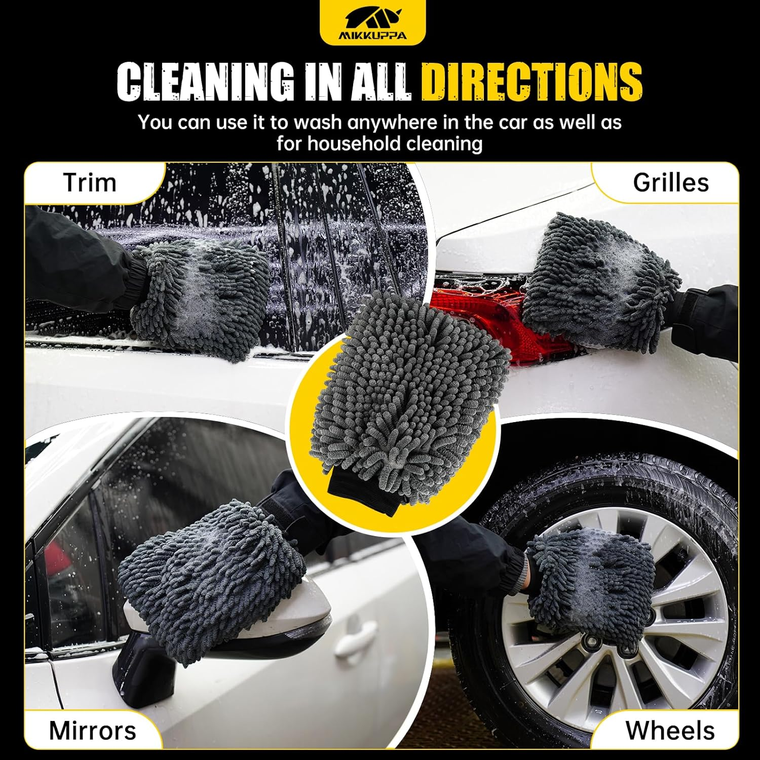 MIKKUPPA Car Wash Mitt Microfiber - Double-Sided Chenille Scratch Free Mitt with Waterproof Inner for Car Washing Home Cleaning (Gray, 2Pack, 10'' X 7'') image number 1