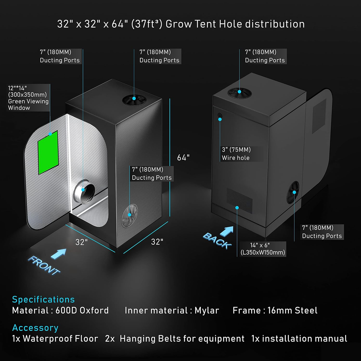 GROZY 80X80X160Cm Grow Tent with Green Window Steel Farme Reflective Mylar 600D Grow Room with Removable Floor Tray View Window for Hydroponics Indoor Plant Growing Room image number 3