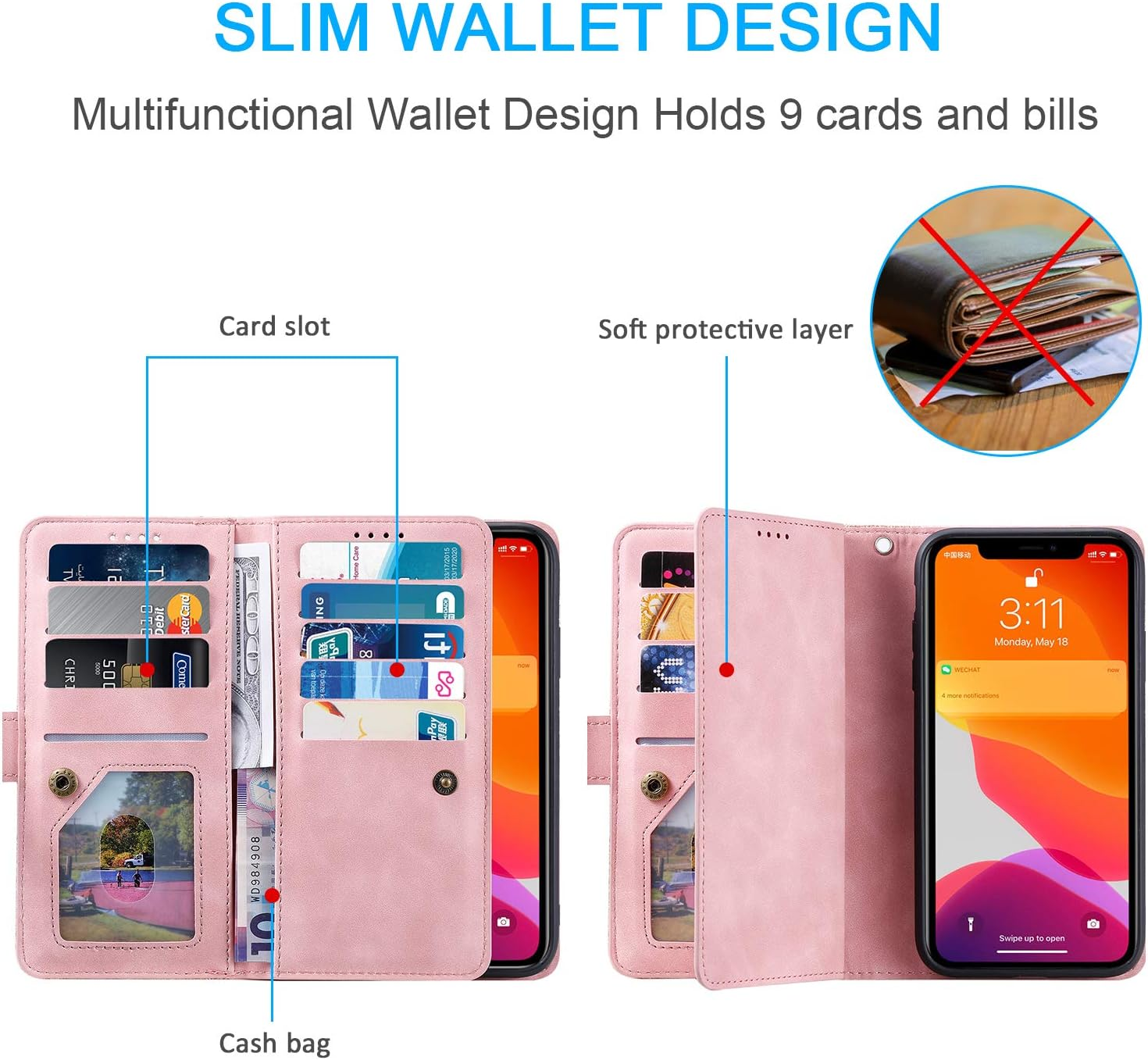 EYZUTAK Wallet Phone Case for Samsung Galaxy A15 4G/5G, Retro Matte 9 Card Holder Slots Zipper Pocket Handbag Case PU Leather Magnetic Closure Kickstand with Wrist Strap Flip Purse Case - Rose Gold image number 5