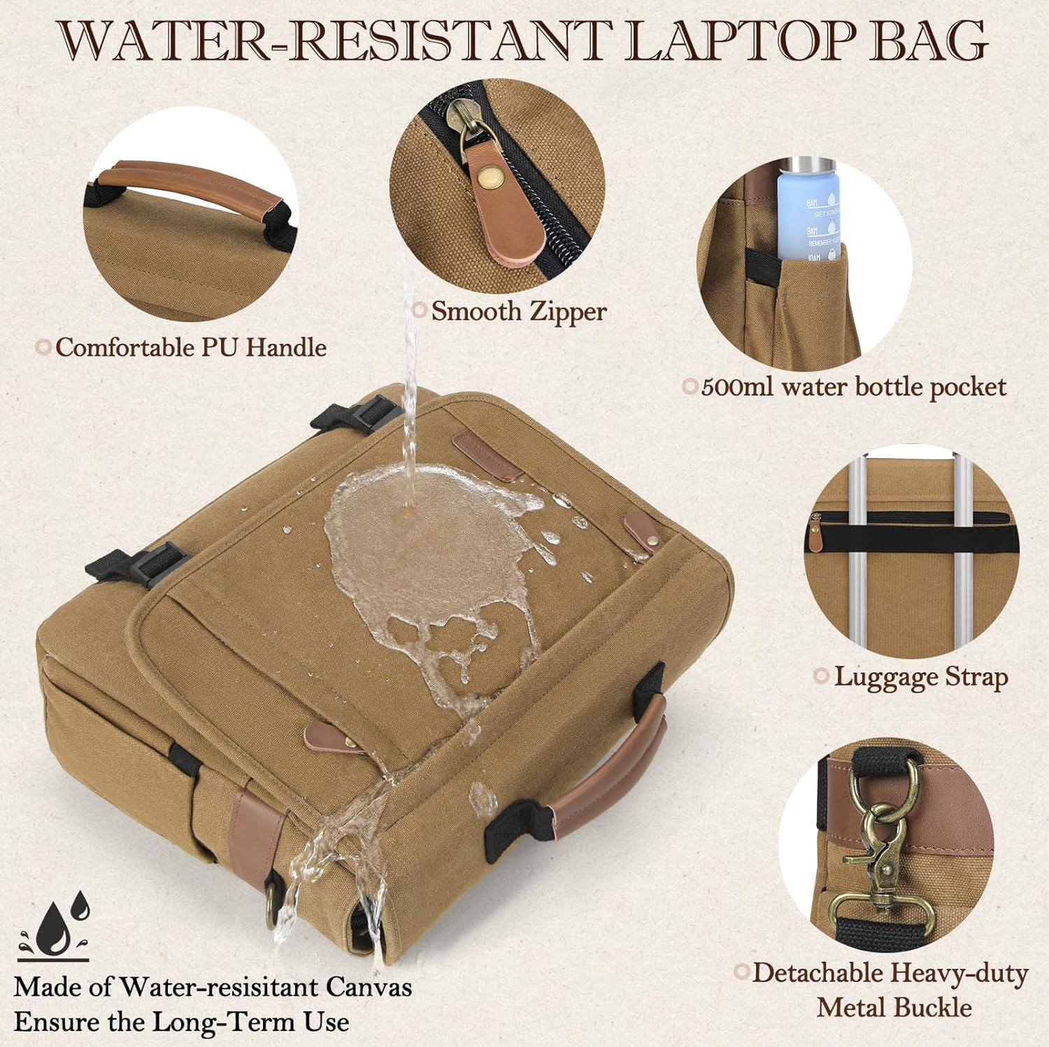 Messenger Bag for Men 17-17.3 Inch Laptop Bag Water-Resistant Canvas Computer Shoulder Bag Office Work Briefcase Large Casual Satchel Bags for Men Bookbag for College - Khaki image number 5