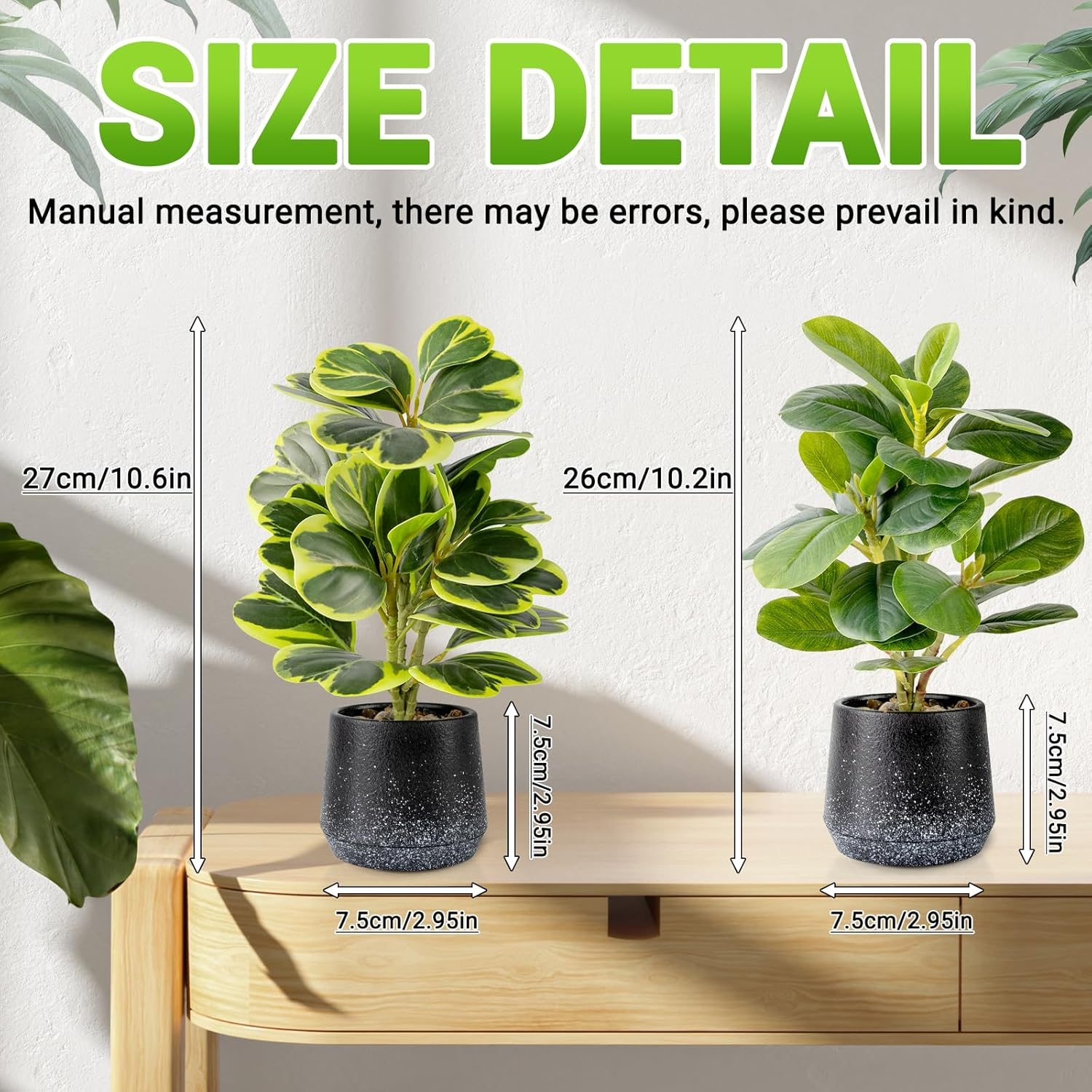 2 Pack Realistic Artificial Potted Plants Peperomia Obtusifolia, 11" Small Faux Greenery for Desk, Bathroom, Office, or Home Decor (Evergreen, Maintenance Free) image number 6