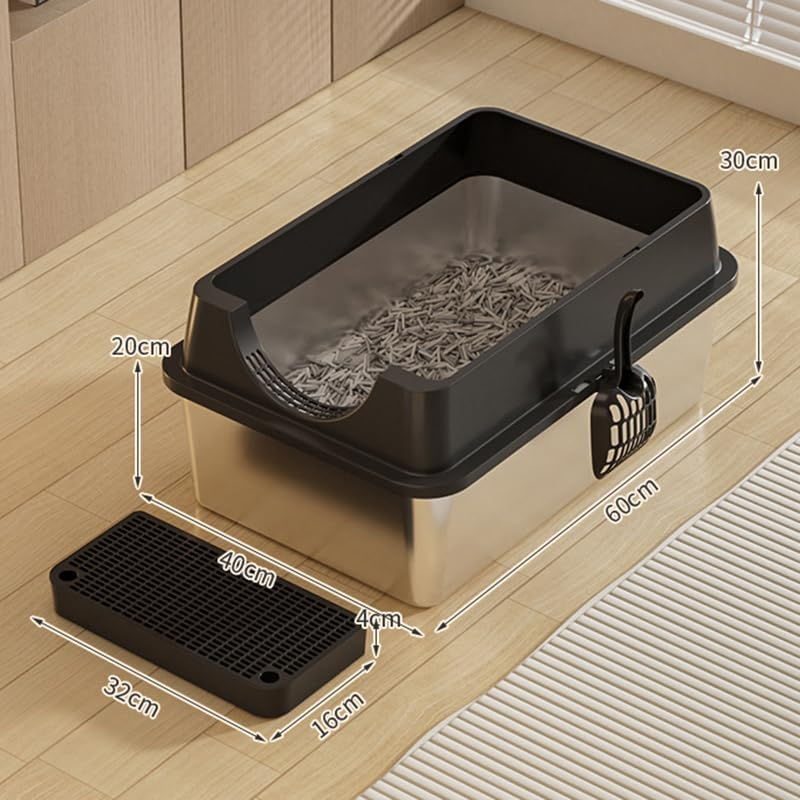 Extra Large Stainless Steel Cat Litter Box with High Sided Walls for Big Cats, anti Urine Leakage, Odorless and Easy Cleaning, for Healthy Cats, Includes Foot Pad & Scoop - XXL Litter Box (Black) - Gray image number 2