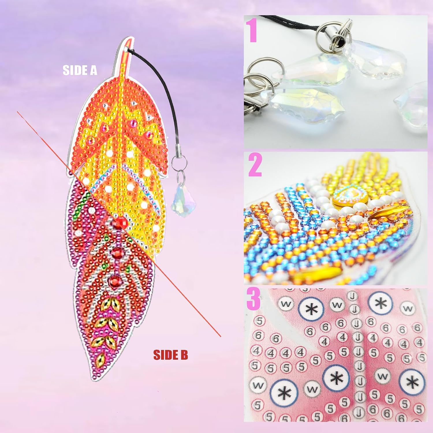 MATHARAGO 6 Pcs Diamond Painting Kits for Kids, Feather Bookmark Diamond Art Kits, DIY Crystal Diamond Art for Kids, Enfants, Girls and Women, Diamond Painting Bookmarks with Crystal Pendant (YQ088) image number 6