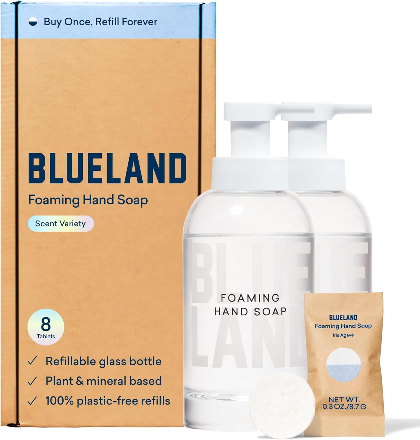 BLUELAND Hand Soap Duo, 2 Refillable Glass Foaming Hand Soap Dispensers with 8 Refill Tablets, Variety Scents, 8 X 9 Fl Oz image number 3