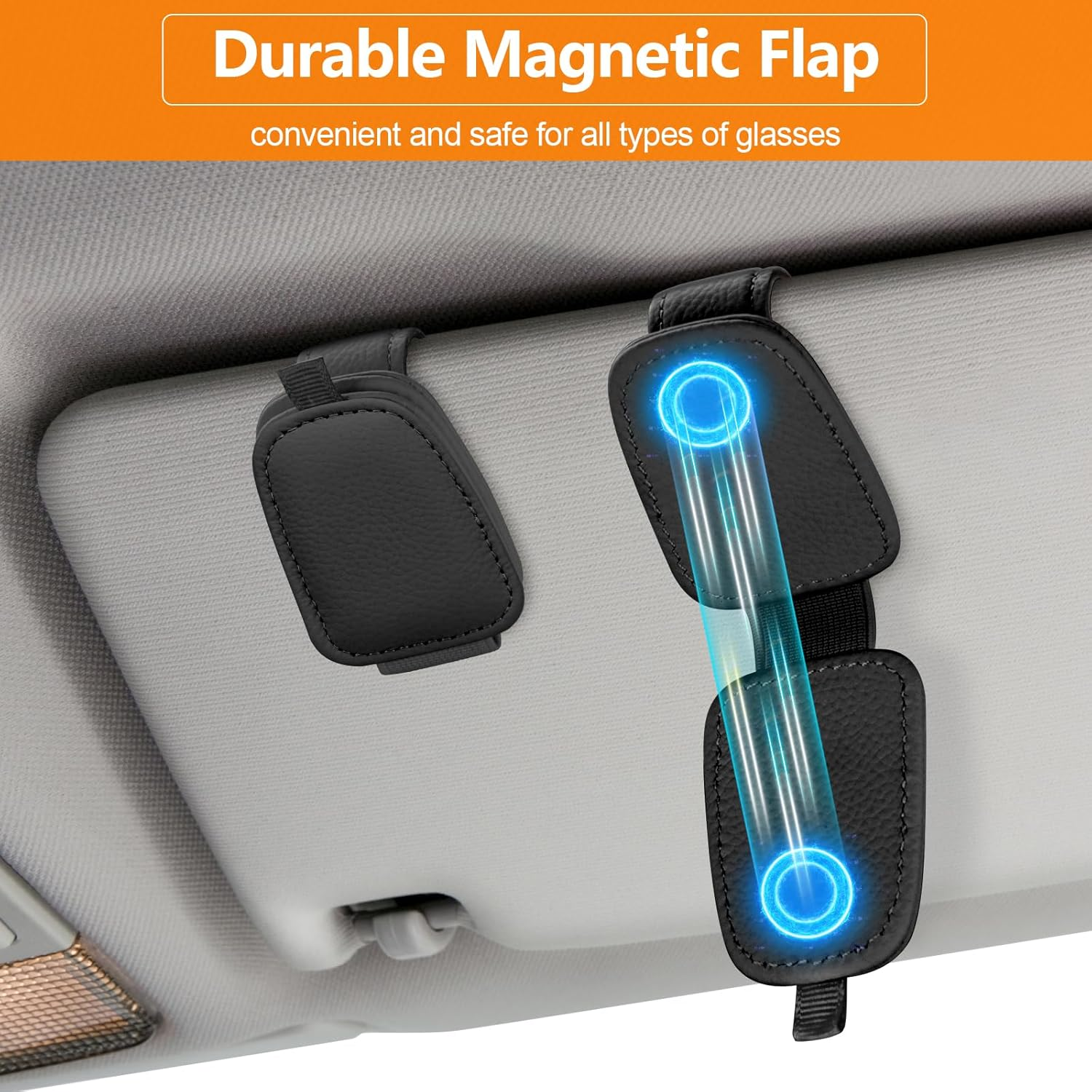 Sunglasses Holders for Car Visor, 2 Pack Magnetic Leather Sunglass Clip for Car Visor, Car Glasses Holder and Ticket Card Clip, Eyeglass Holder for Car Visor Accessories (Black) - 2 Pack - Black image number 1