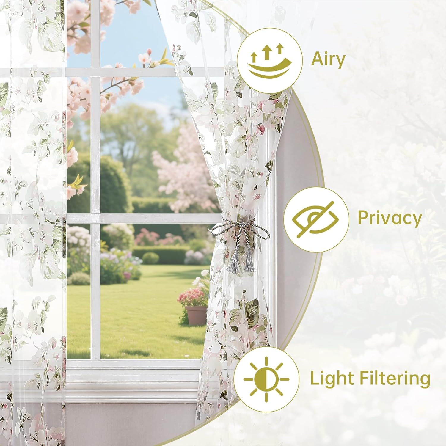 BROSHAN Floral Print Sheer Room Curtains, Pretty Pink Flower Curtain Sheers Sage Green Leaves Pattern Bedroom Curtain Set of 2 Botanical Voile Tulle Window Curtain Panels Rod Pocket image number 2