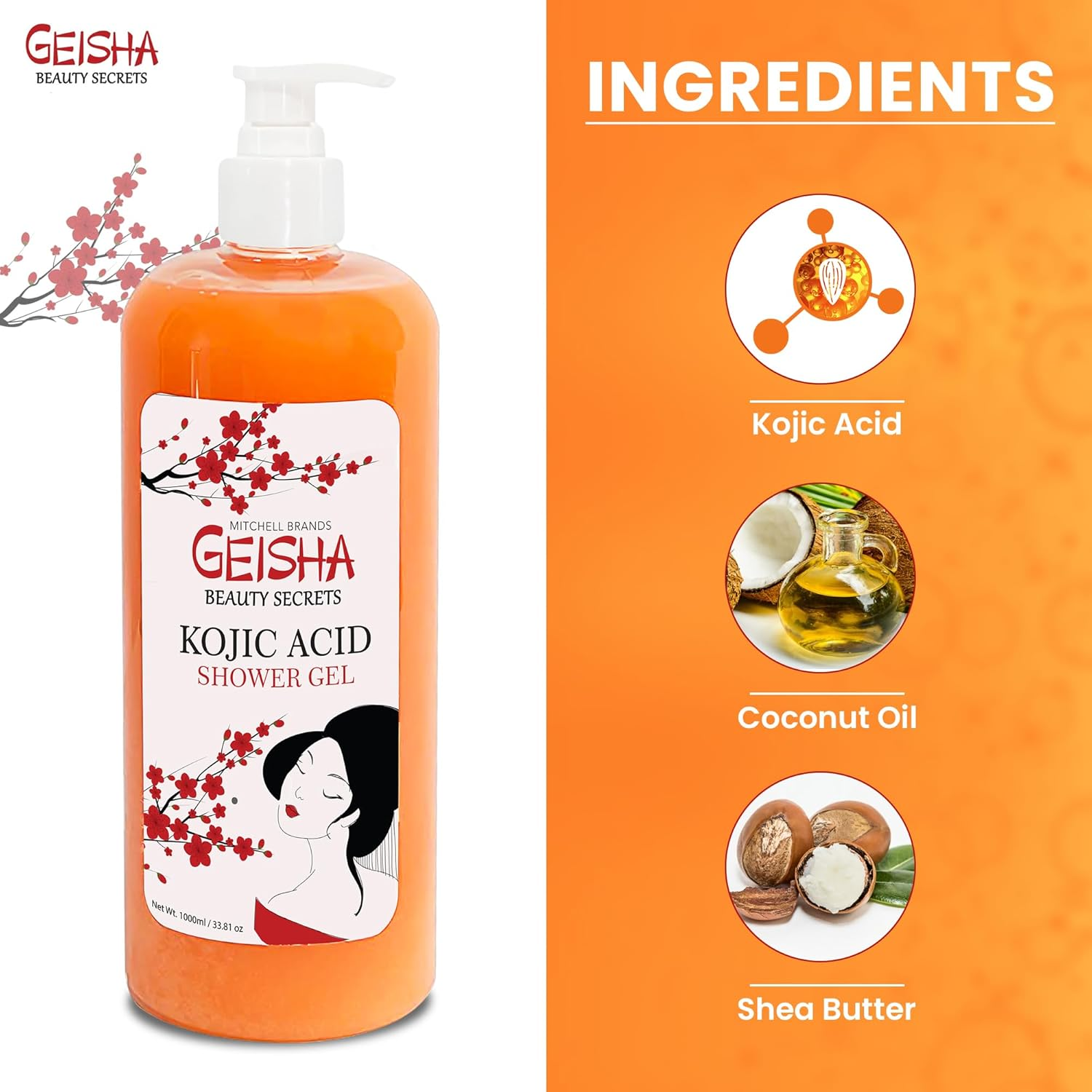 Geisha, Kojic Acid Body Wash | 33 Fl Oz / 1000 Ml | Even Out Skin Tone, Reduce Dark Spots, Skin Radiance, Face and Body Wash | with Coconut Oil and Shea Butter