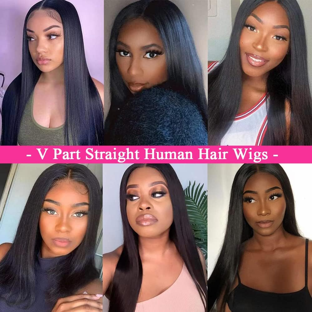 Amznlady V Part Brazilian Human Hair Straight Wigs for Black Women U Part Glueless Wig with Middle Clip image number 3