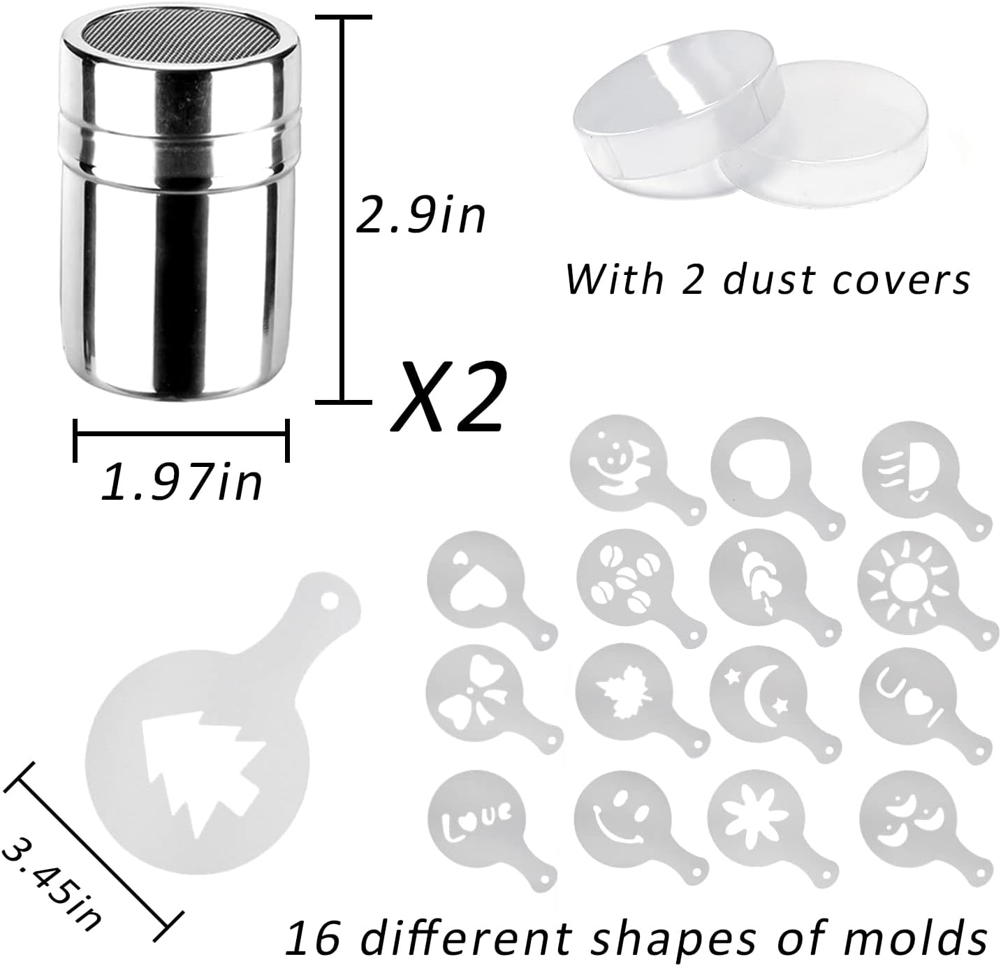 Mauts 2 Pack Chocolate Shaker Dusters Mesh Powder Shaker Shaker 16 Coffee Templates Set for Syrup,Cream,Powderedsugar,Cocoa,Cappuccino,For Kitchen,Drinks,Baking image number 6