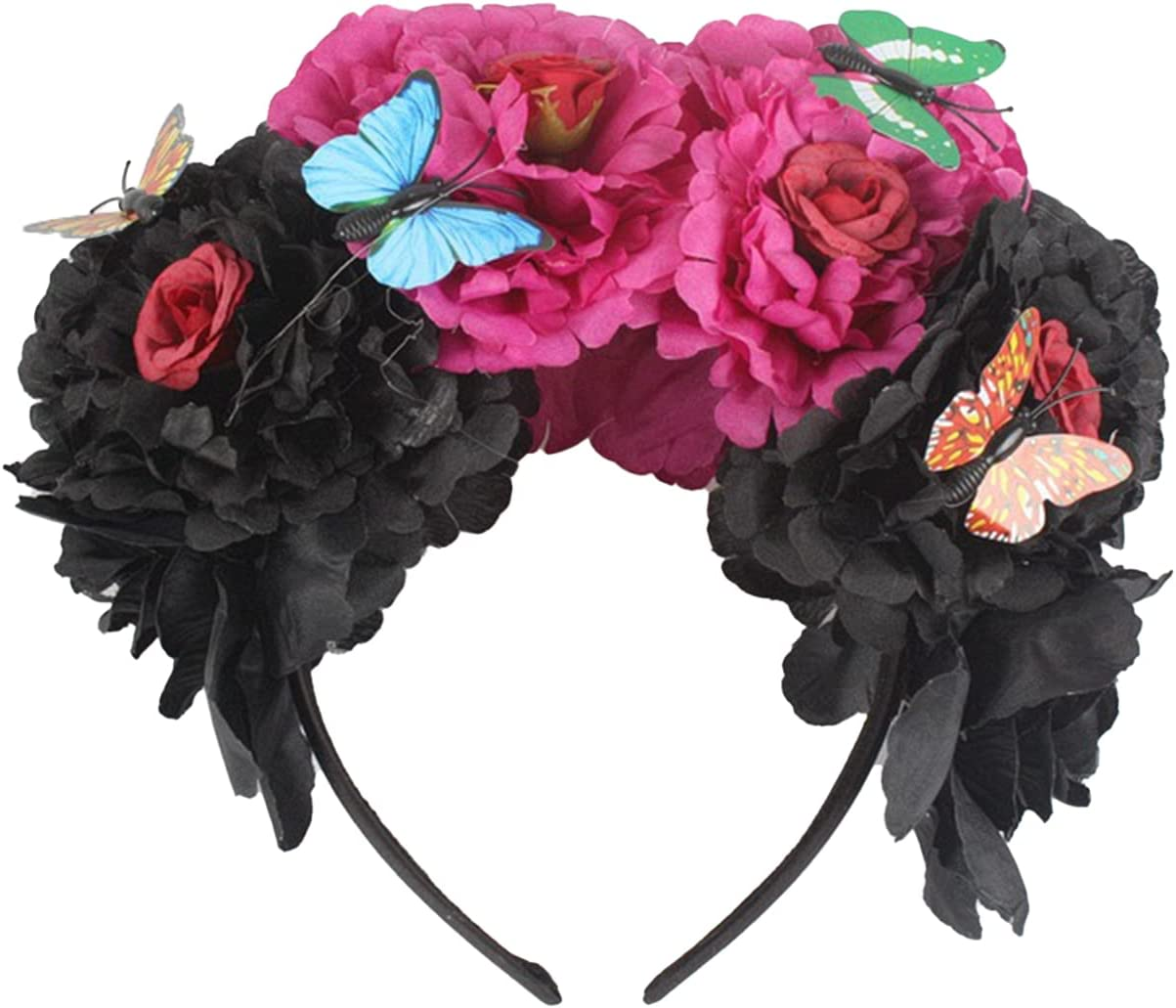 Aoozleny Mexican Flower Crowns Headband, Headpiece for Halloween Festival Party (Red-Black)