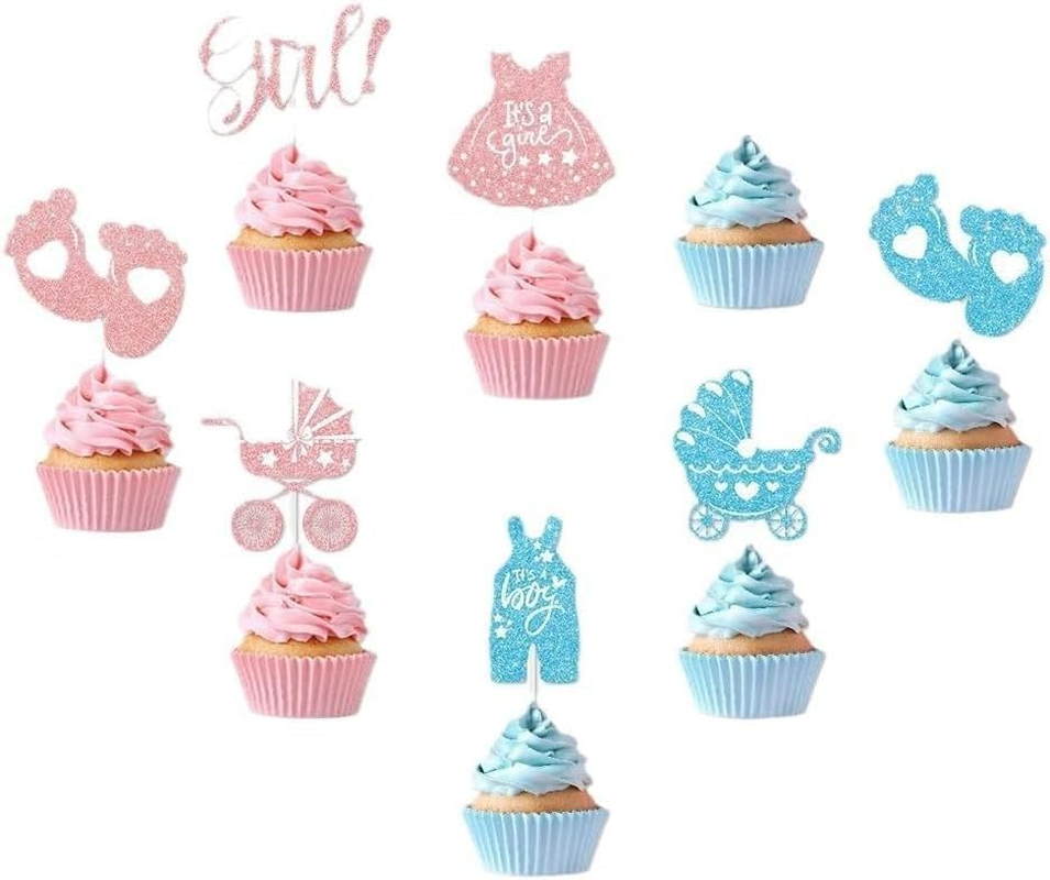 24 Pack Cupcake Toppers, Glitter Baby Bottle Small Footprints Cupcake Toppers for Boys Birthday Theme Party Cake Decorations Supplies. image number 4