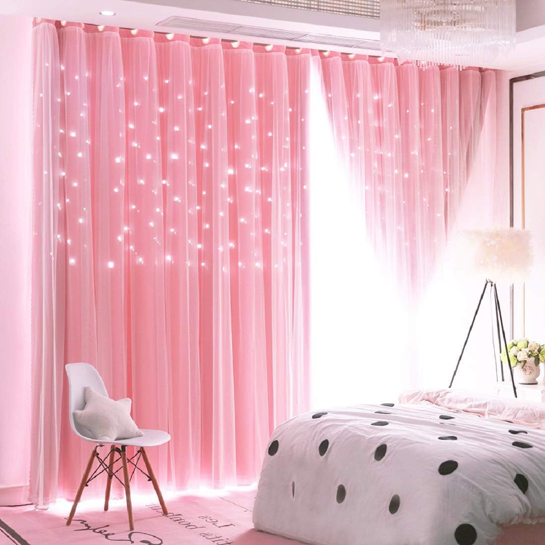 UNISTAR 2 Panels Stars Blackout Curtains for Bedroom Girls Kids Baby Window Curtain Double Layer Star Cut Out Aesthetic Living Room Decor Wall Home Decorations Curtain,W52 X L84 Inches,Pink