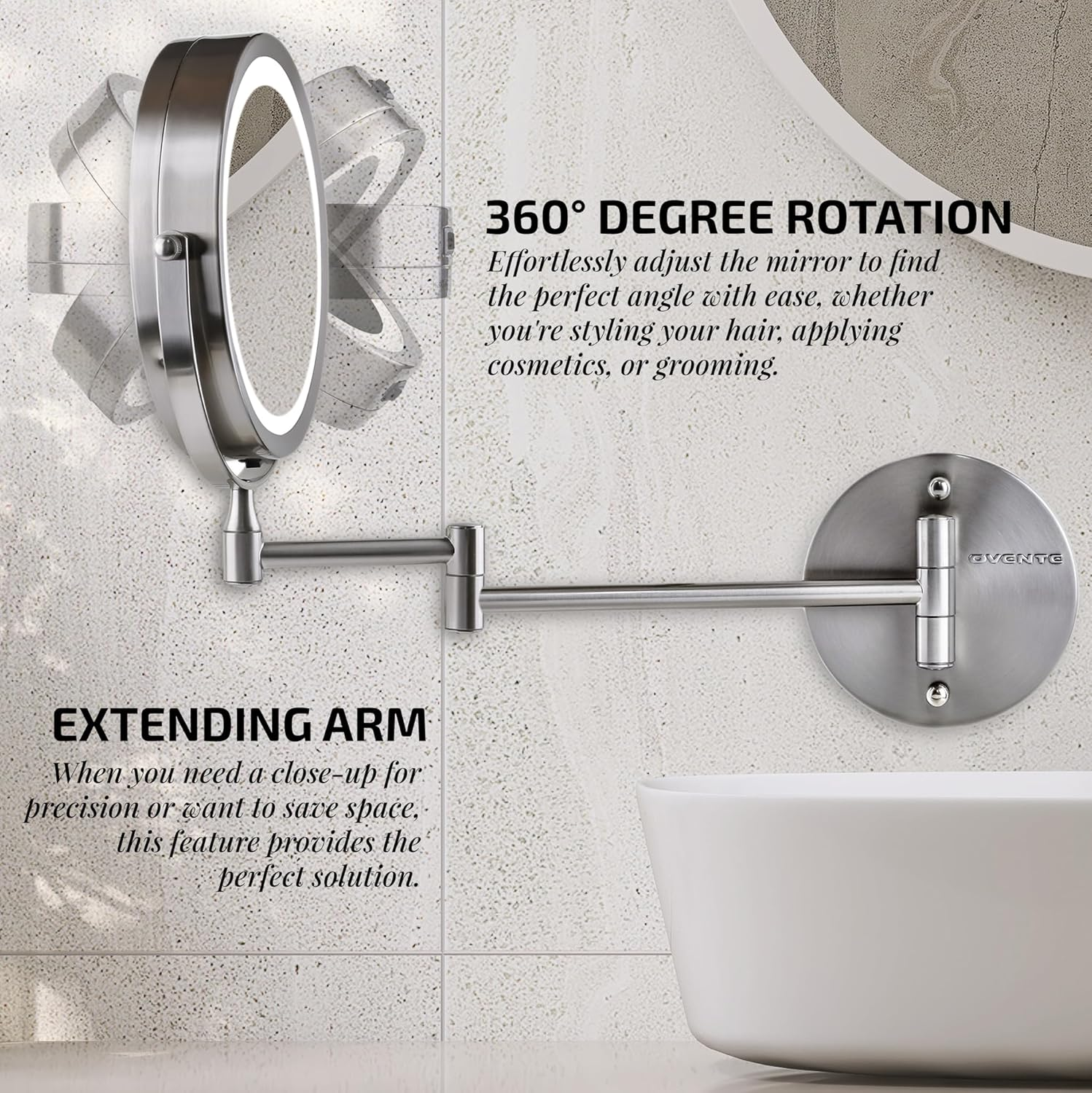 Ovente Wall Mount Make up Mirror, LED Lighted, 1X/10X Magnification, 7.0 Inch, Nickel Brushed (MFW70BR)
