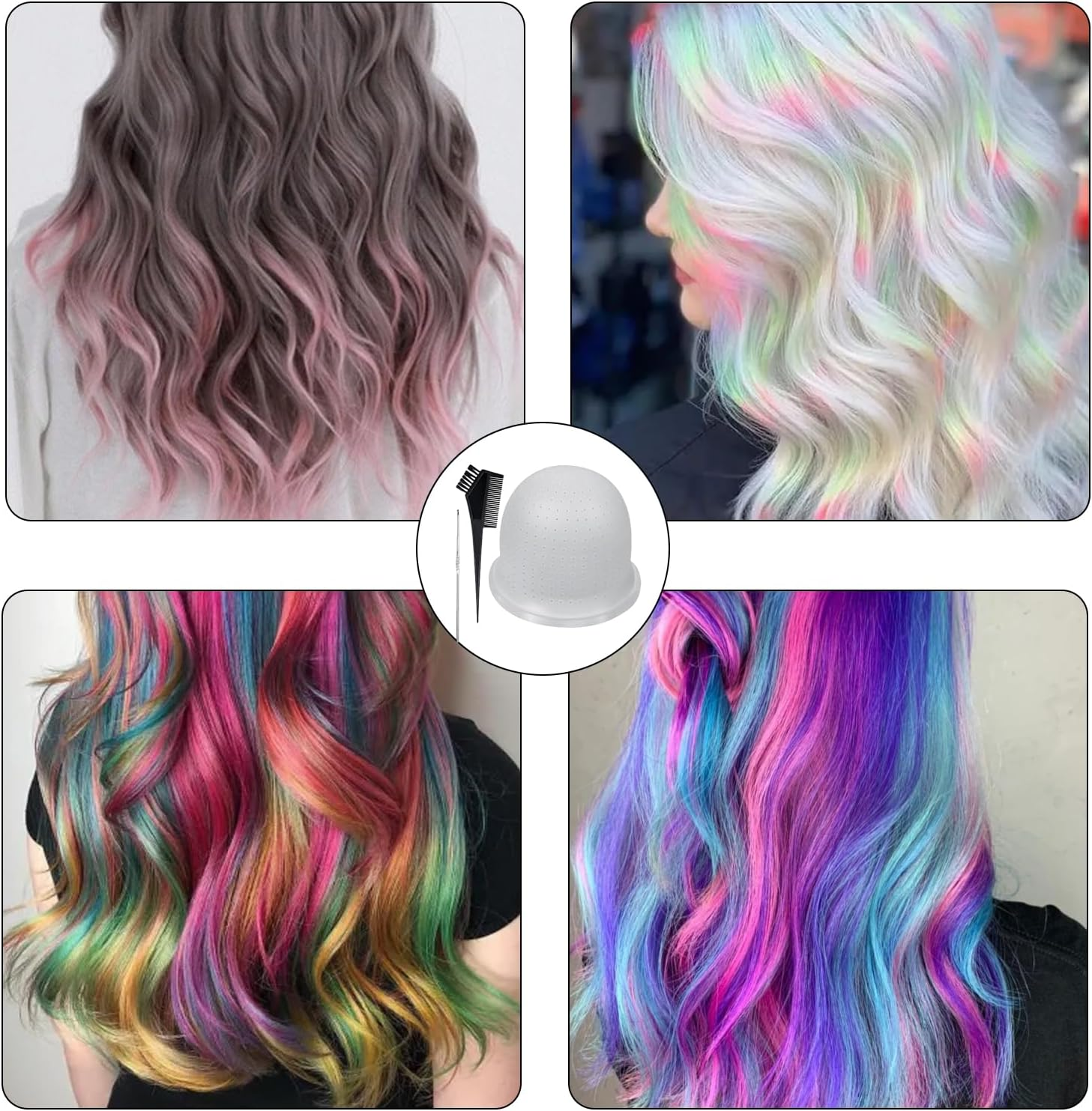 Silicone Highlight Cap, Highlight Set, Make Your Own Strands, Hair Net Strands Hood Holes, Reusable Silicone Highlight Cap with Hooks, Colouring Brush for Salon, Home Hair Dyeing image number 4