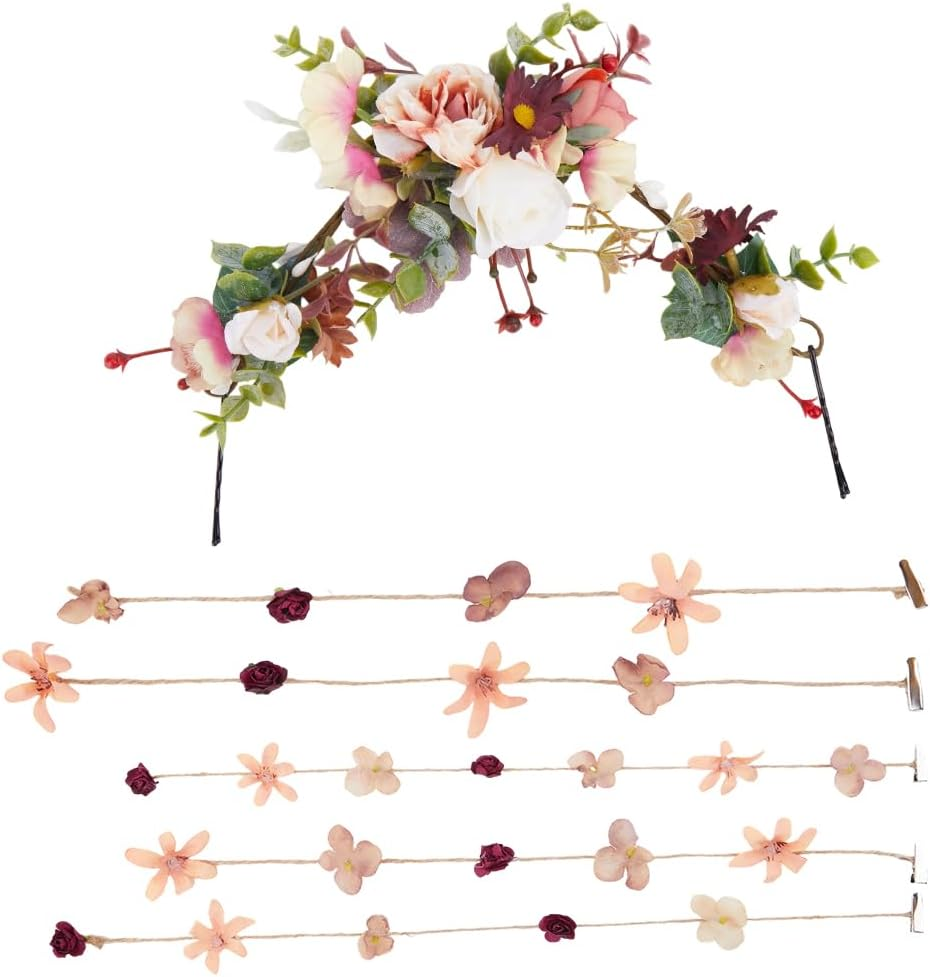 CABODYALS Flower Hairband Bride Imitation Flowers Headband Bohemian Style Mixed Color Headdress Floral Crown Vine Rustic Style Wreath Tassel Headbands for Women Wedding Party Photos Costume Head Decor