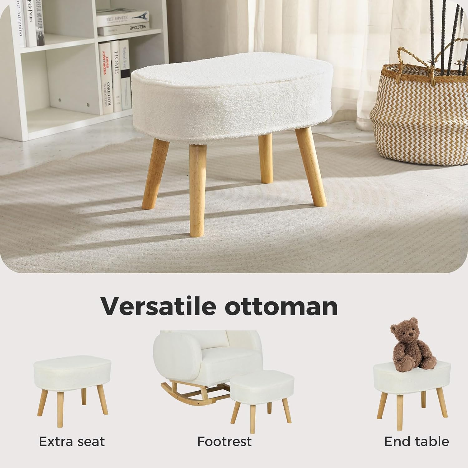 Levede Rocking Chair Nursery with Ottoman, Upholstered Glider Armchair with Footrest for Living Room or Bedroom, Ergonomic Cloud Design, Solid Wood Base, Max Load 85Kg, Beige image number 5