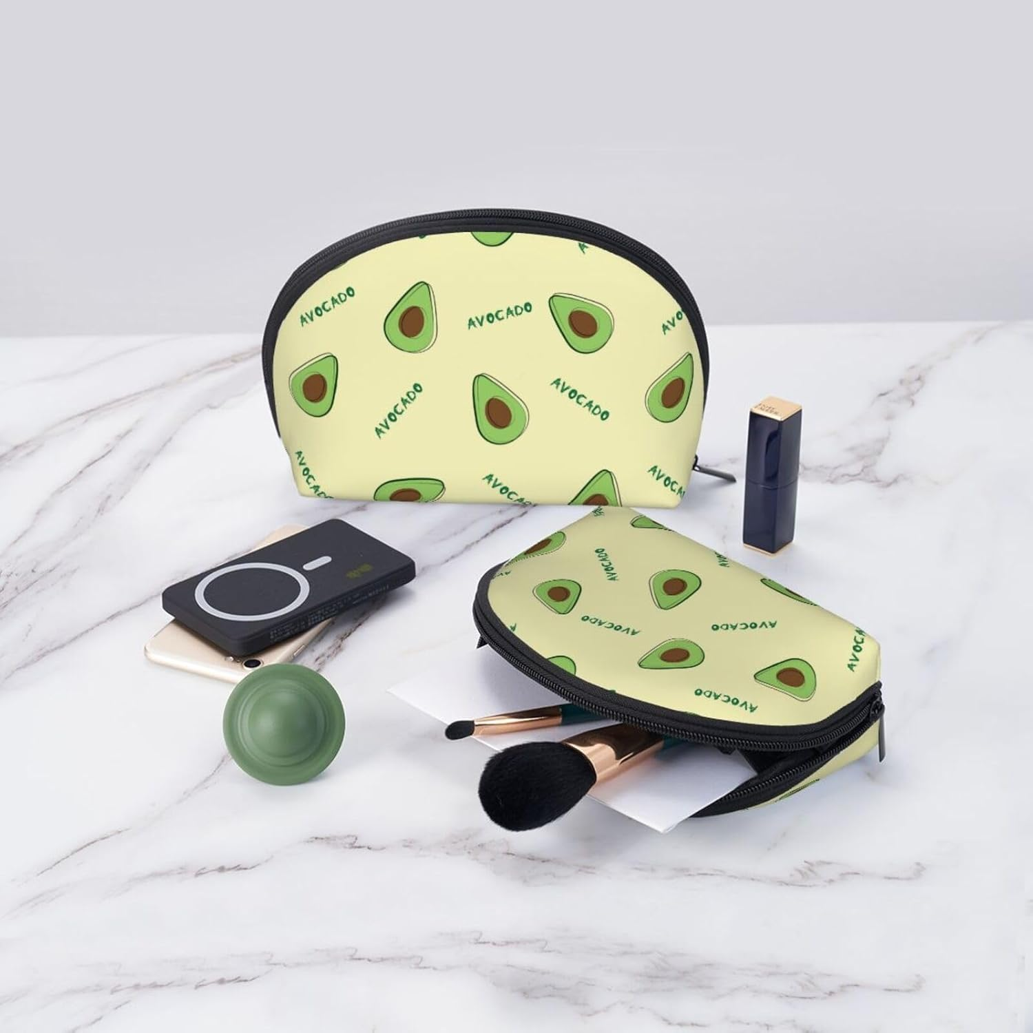 Cozimangoe Coin Pouch Makeup Bags Set, 2 Piece Shell Shape Cosmetic Bag with Pockets for Daily Travel Handbag Lipstick Keys Toiletry, Personalized Green Avocado image number 2