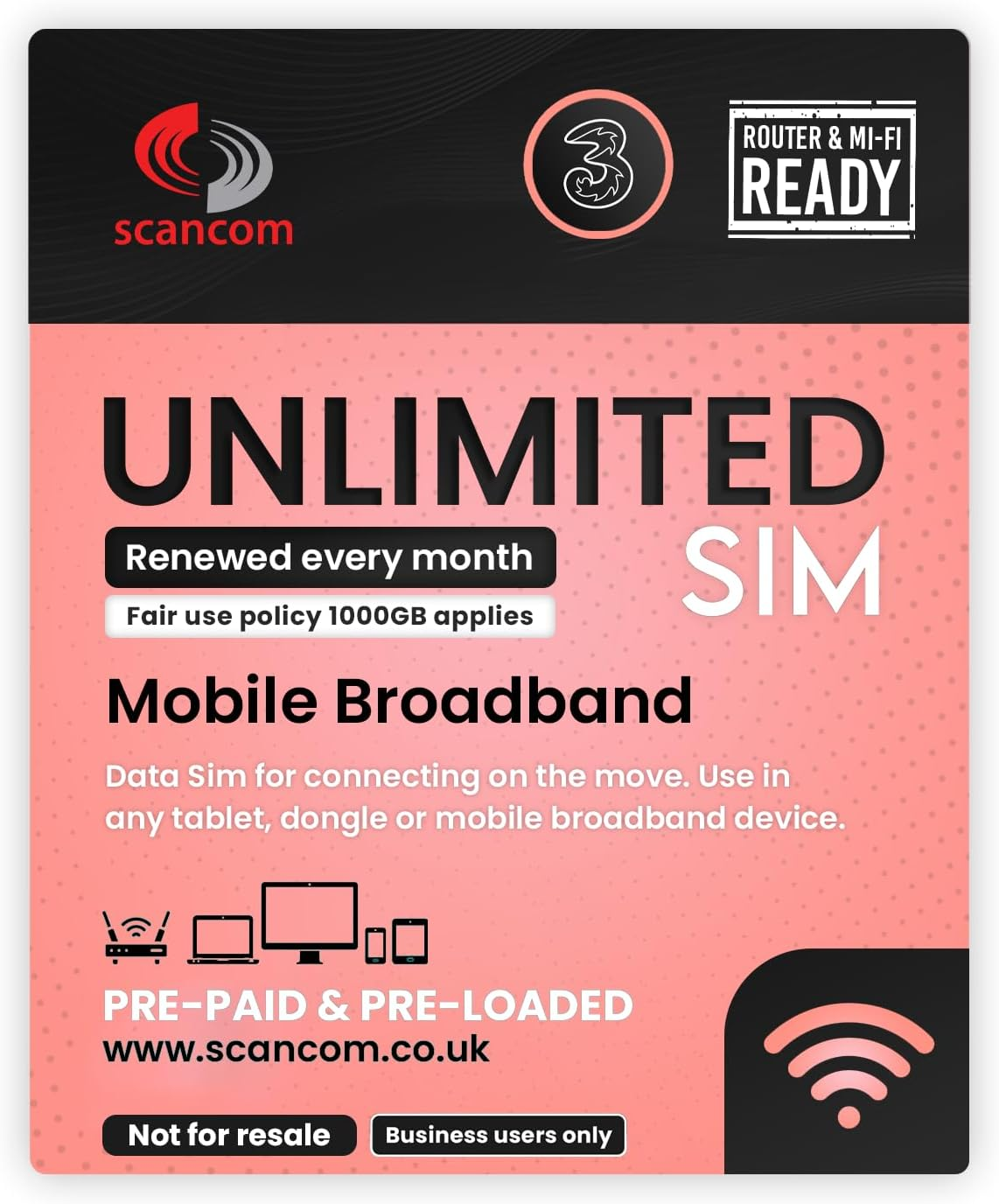 Three 1000GB 5G Data SIM - 1000GB Preloaded Every Month from Now until 8Th December 2025 - Perfect for Wifi Routers, Tablets & Phones - Business Grade Data image number 1