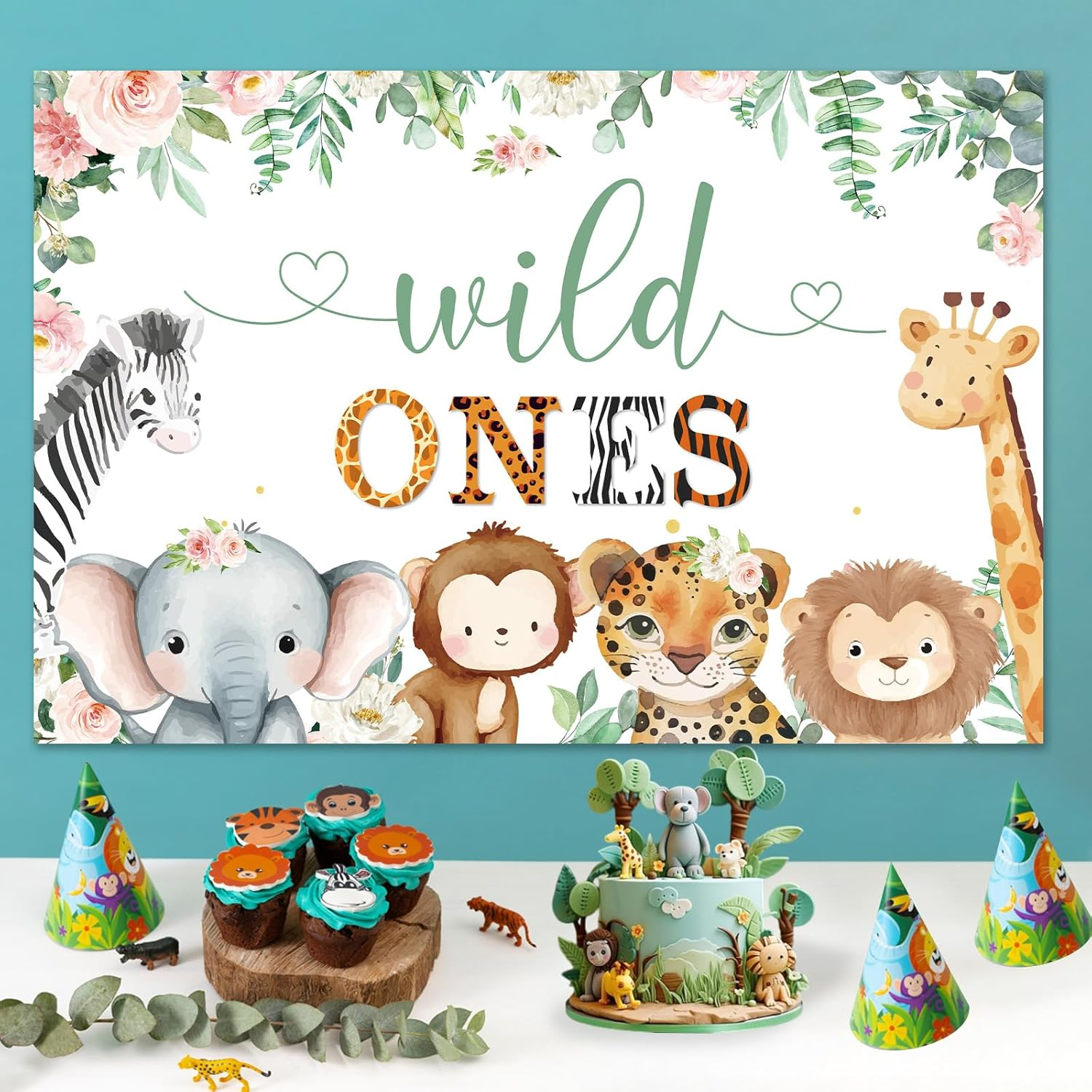 Wonmelody Wild Ones Birthday Decorations Twins 5*3 Ft Wild Ones 1St Birthday Backdrop Banner Jungle Twins 1St Birthday Decor Twins Birthday Party Decorations for Jungle Safari Cute Animals 1St Party