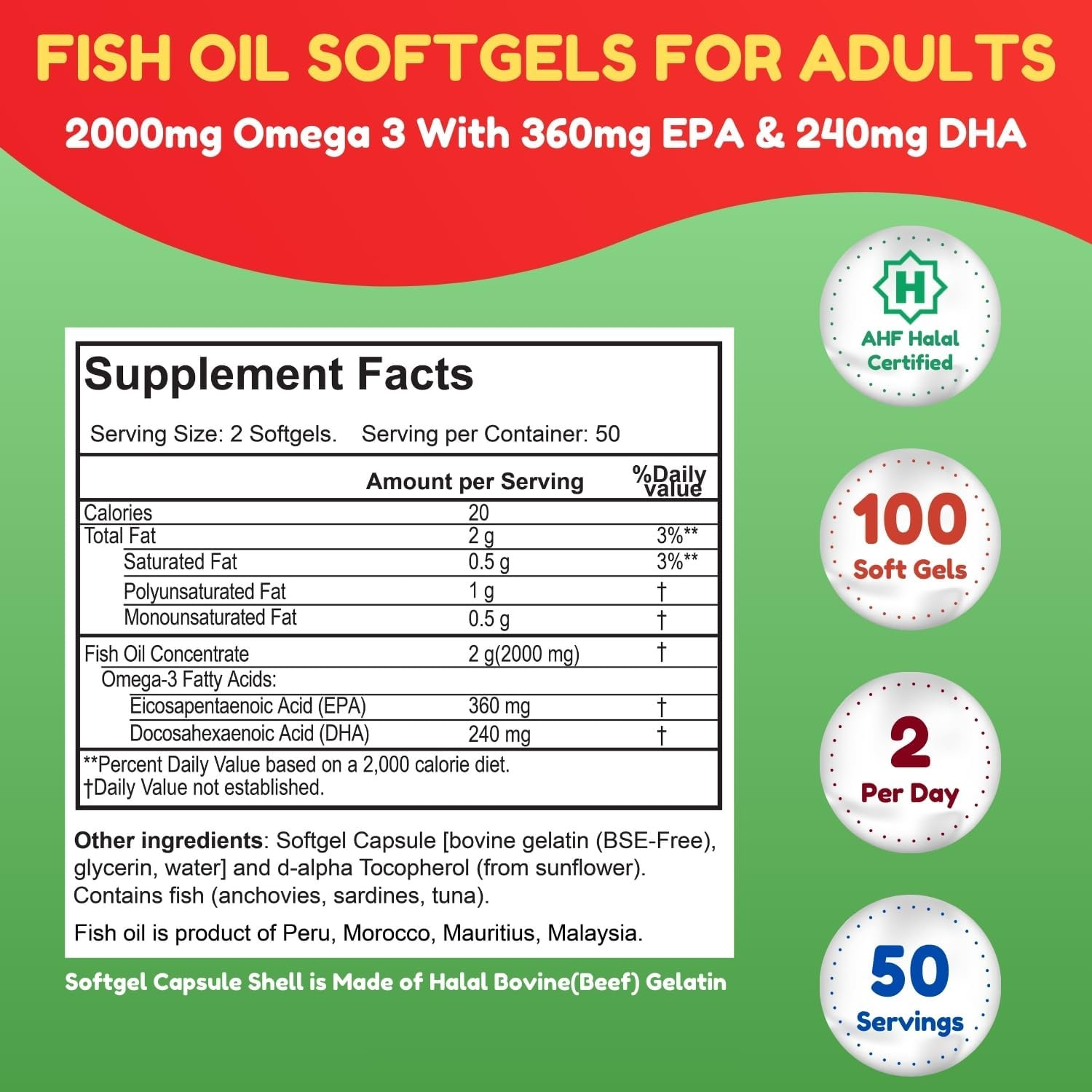 Halal Omega 3 Fish Oil Softgels by SHIFAA NUTRITION | 2000Mg per Serving with EPA & DHA | Heart, Cardiovascular, Nervous System & Brain Health | Body Fat Management | Halal Vitamins, 45 Servings image number 3