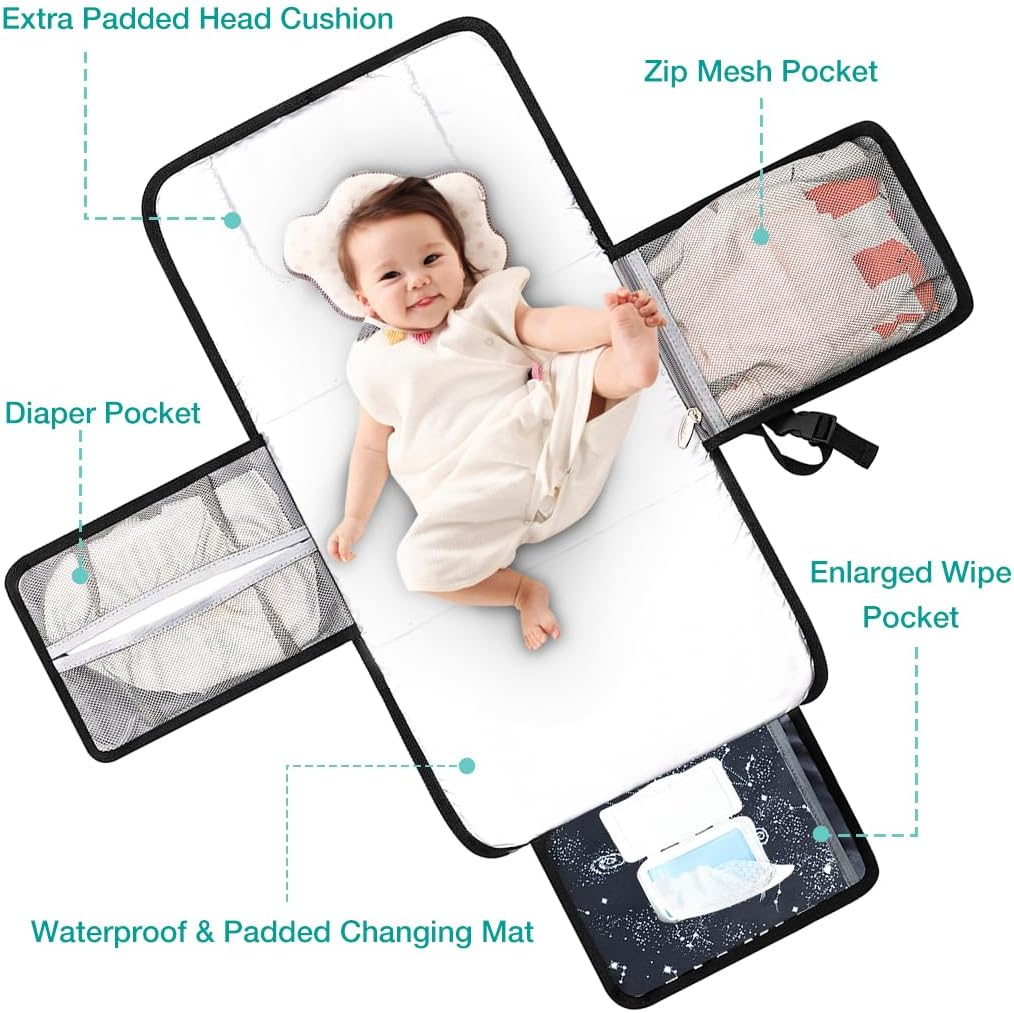 Lekebobor Portable Baby Changing Pad, Foldable Waterproof Diaper Changing Pad for Travel Baby Change Mat with Wipe-Pocket and Head Cushion, Galaxy image number 5