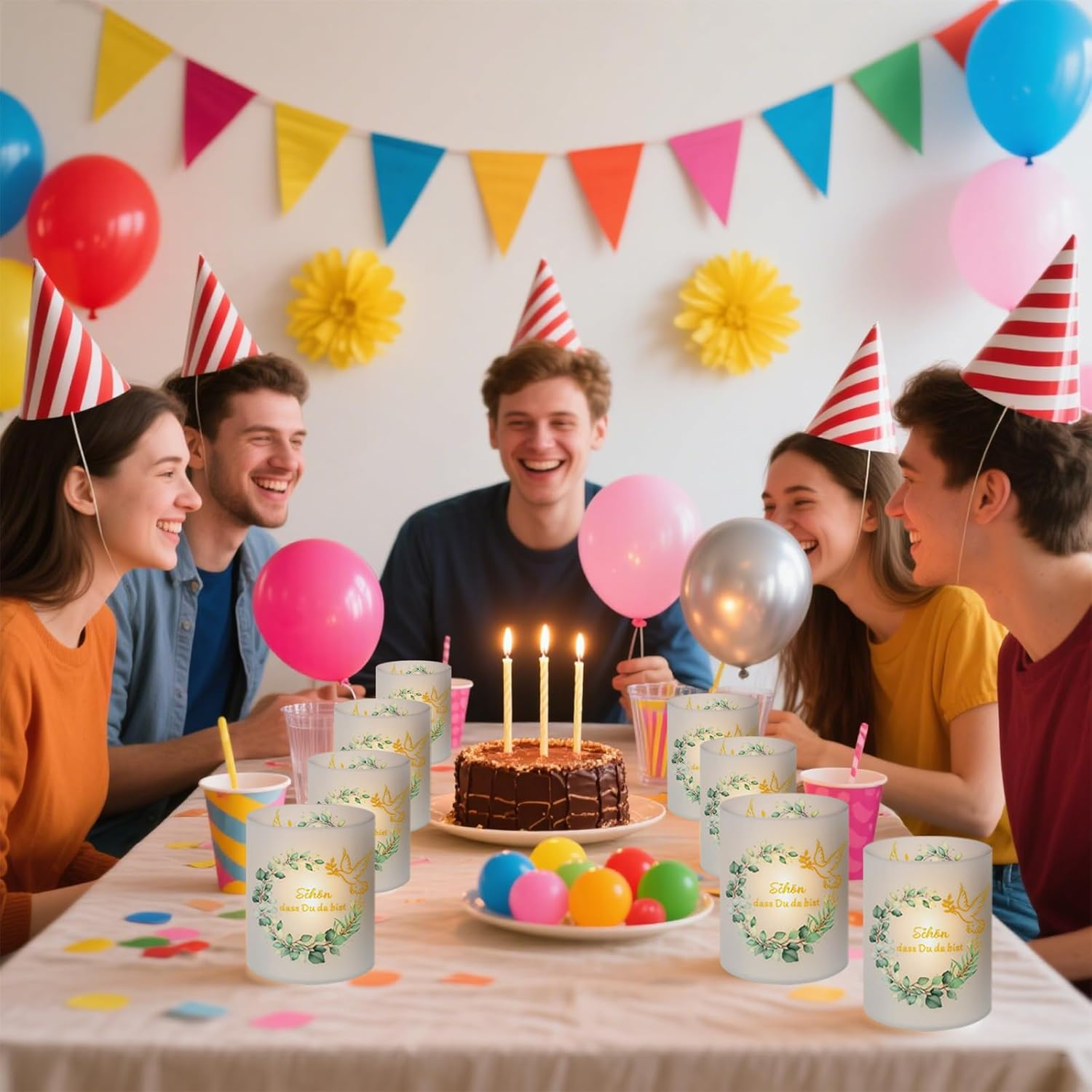 Pack of 12 Tea Lights Table Decoration, Sch&ouml;n DASS Du Da Bist Decorative Christening Lantern, Christening Eucalyptus Tea Light Glasses, Table Decoration Green for Birthday Confirmation Party Favours image number 4