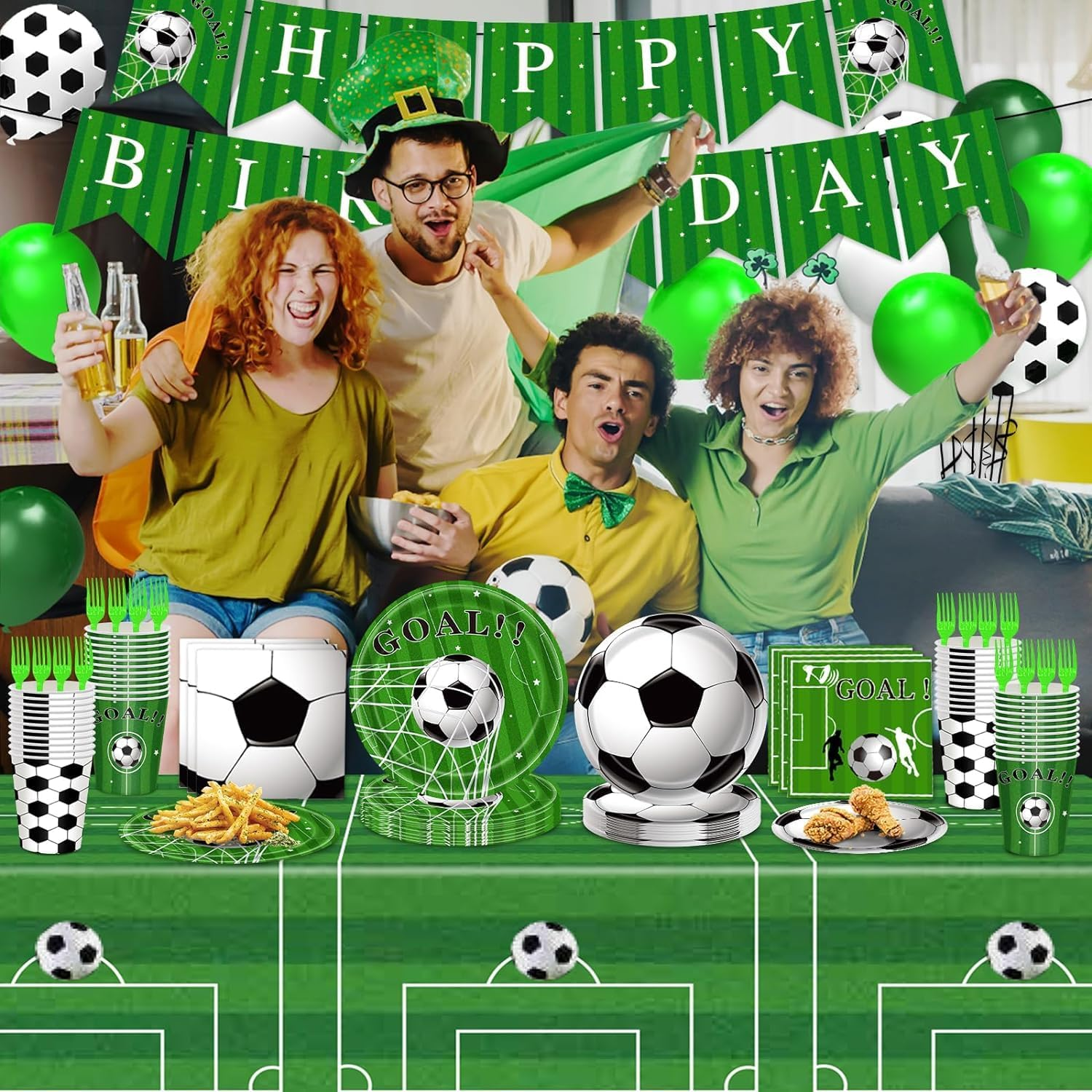 Soccer Party Decorations, 143Pcs Soccer Birthday Party Supplies Serves 24 with Soccer Plates and Tablecloth and Birthday Banner Balloons for Soccer Sports Theme Birthday Decorations image number 1