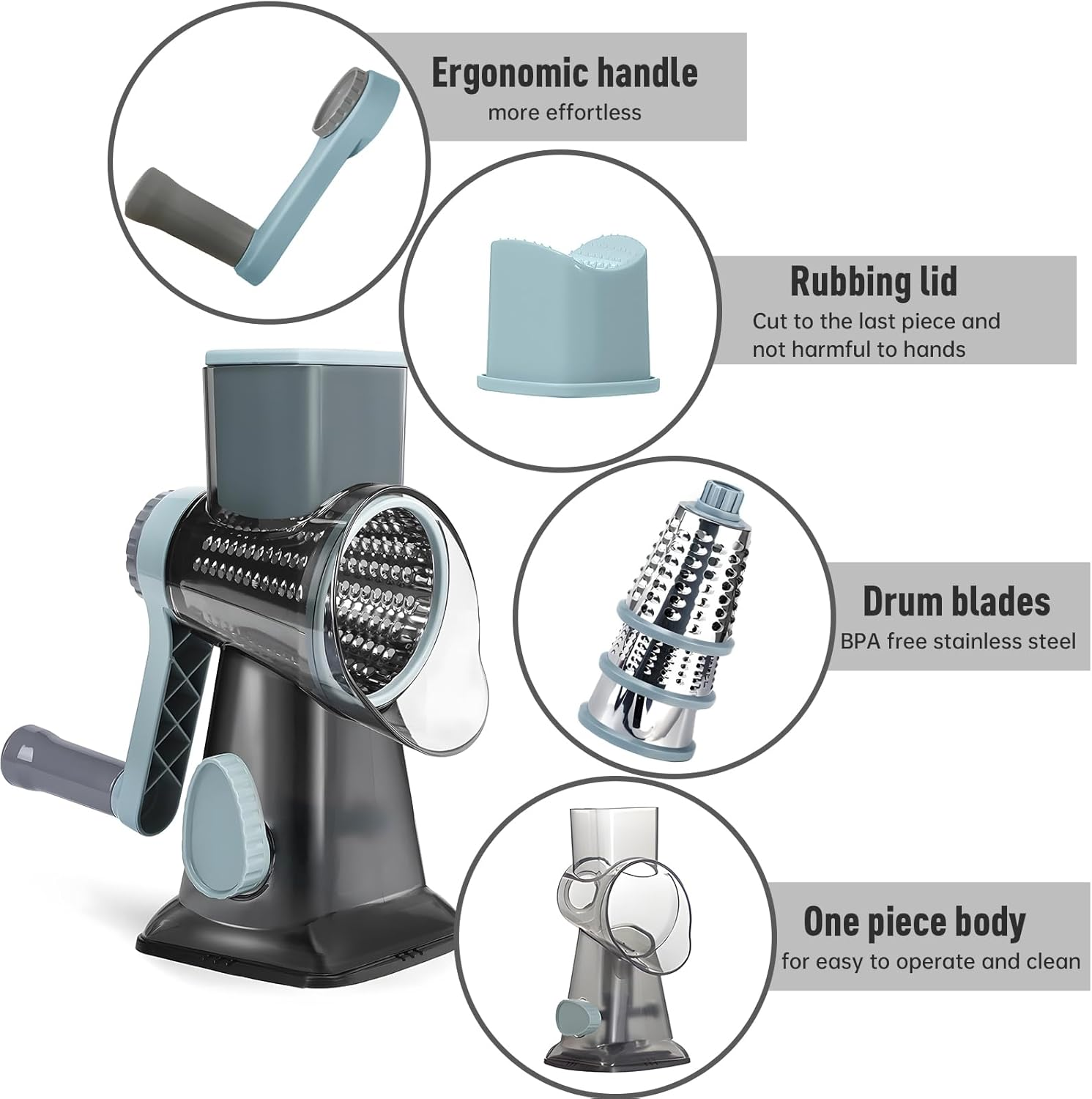 Cheese Grater Rotary Vegeteble Slicer Chopper,Versatile Cheese Shredder,Blades for Shredding, Grating, Slicing,Vegetable Shredder with Suction Base and Cleaning Brush image number 1