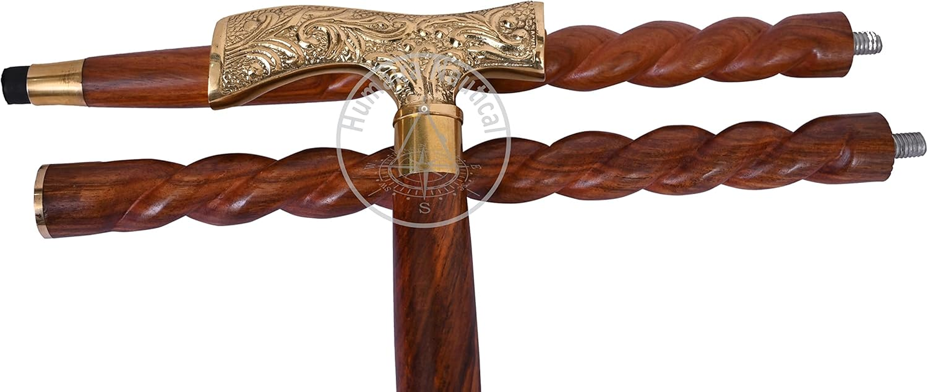 Humaira Nautical Walking Stick - Men Derby Canes and Wooden Walking Stick for Men and Women - 37" Brown Ebony Brass T Shape Handle in Golden Tone Natural Wood Unisex Cane image number 3