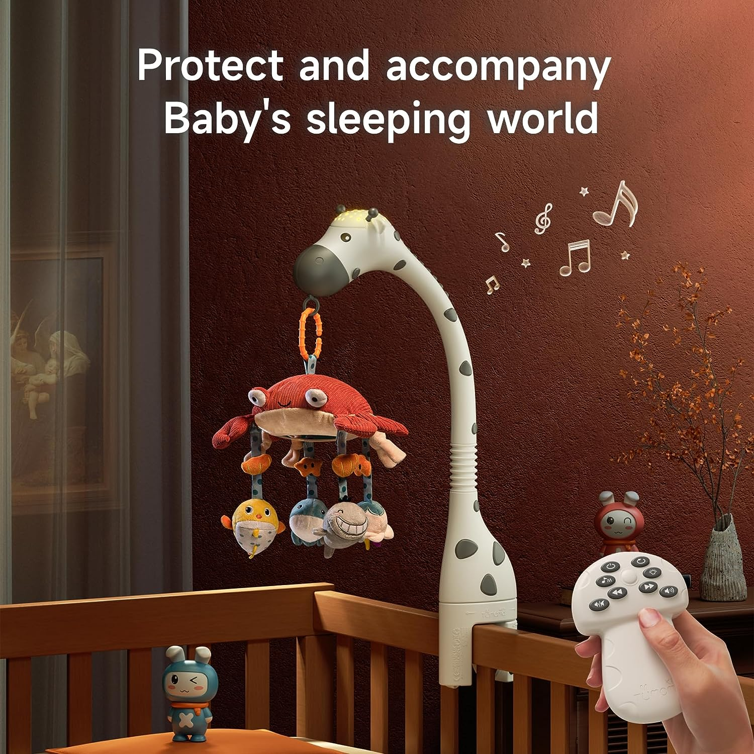 Tumama Baby Musical Cot Crib Mobile Remote Control with Mirror Soft Animals Hanging Toys Lights Lullaby Rotating Projector Sleeping,Piano,Natural Music,Auto Off,Mute Spin Motor Infant Newborn Gift image number 6