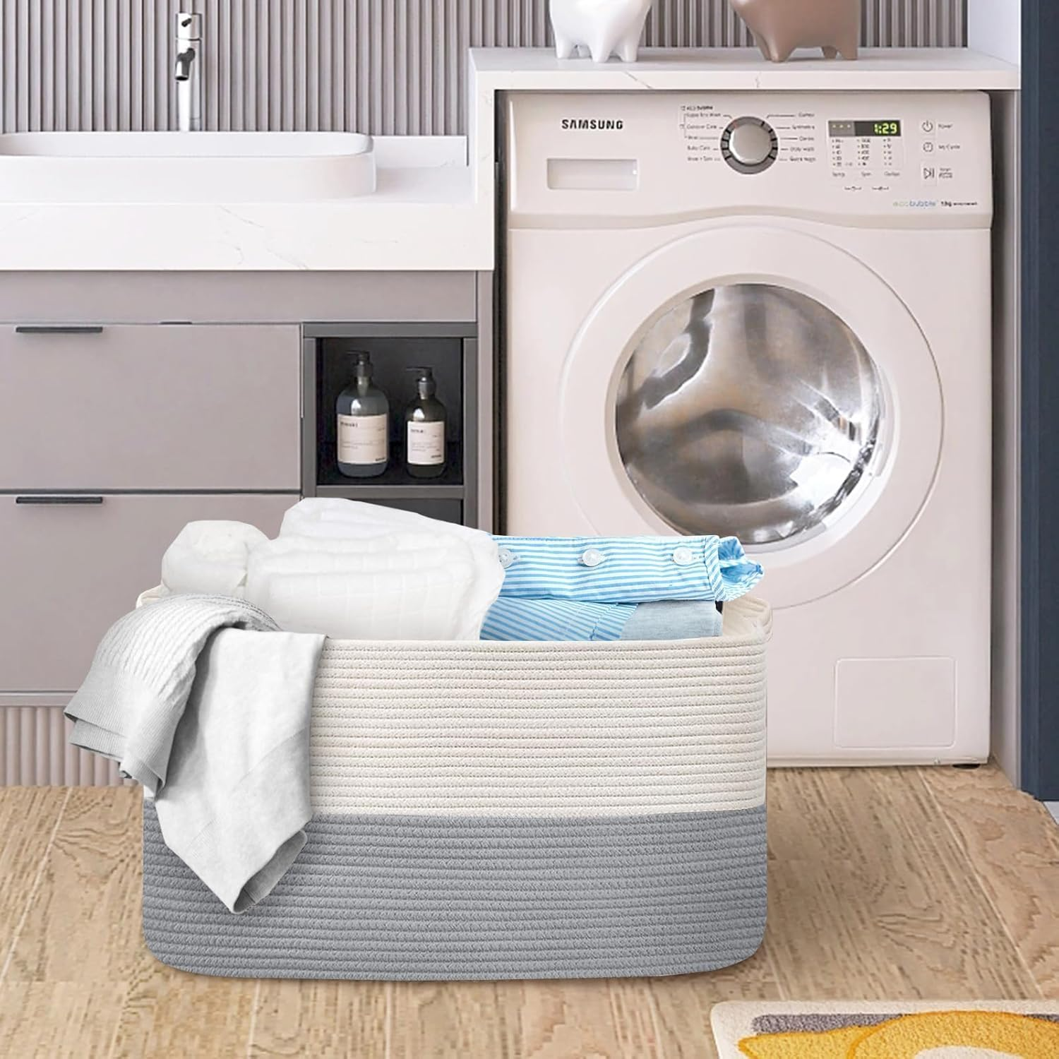 Extra Large Storage Baskets Laundry Basket with Handles Kids Toy Baskets Storage Woven Blanket Living Room Toy Basket for Blanket, Toys, Dirty Clothes in Bedroom (19" X 13.3" X 11.02") - Rectangle - Brown image number 3