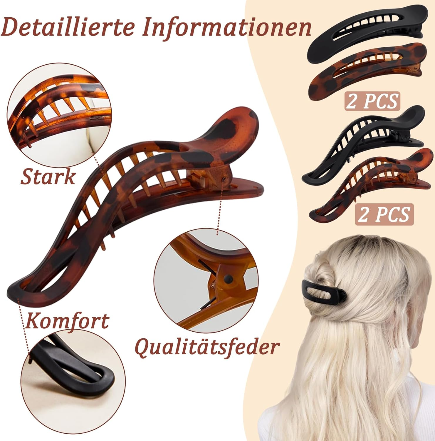 Flat Hair Clip, Set of 4 French Hair Clips in 2 Styles, Strong Hold, Non-Slip Hair Clip, Flat for Women, Thin Hair, Thick Hair for Creating Hairstyles (Black Amber) image number 1