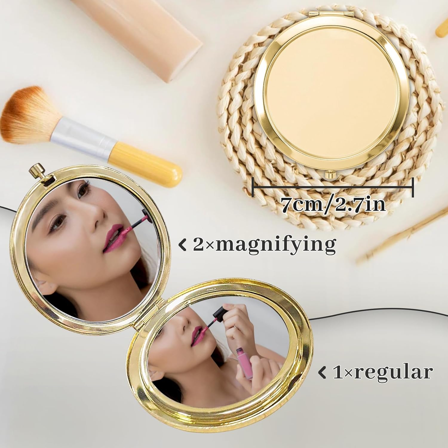 Luckyopt Compact Mirror, Metal Double Sided Handbag Mirror with 1X/2X Magnification, Undistorted round Compact Mirror for Women for Travel, Handbags, Purses (Bronze) image number 1